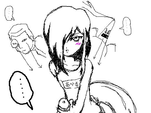 …, 1girl, bad anatomy, blush, hair over one eye, innertube, monochrome, name tag, oekaki, one-piece swimsuit, poorly drawn, school swimsuit, spoken ellipsis, spot color, swim ring, swimsuit