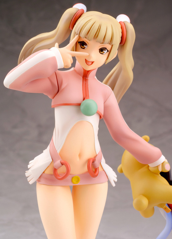 amy (bakuretsu tenshi), bakuretsu tenshi, photo (medium), 00s, 1girl, belt, belt skirt, brown eyes, brown hair, female focus, figure, loli, long hair, solo, stuffed animal, stuffed toy, thigh gap, thighs, twintails, v, v over eye
