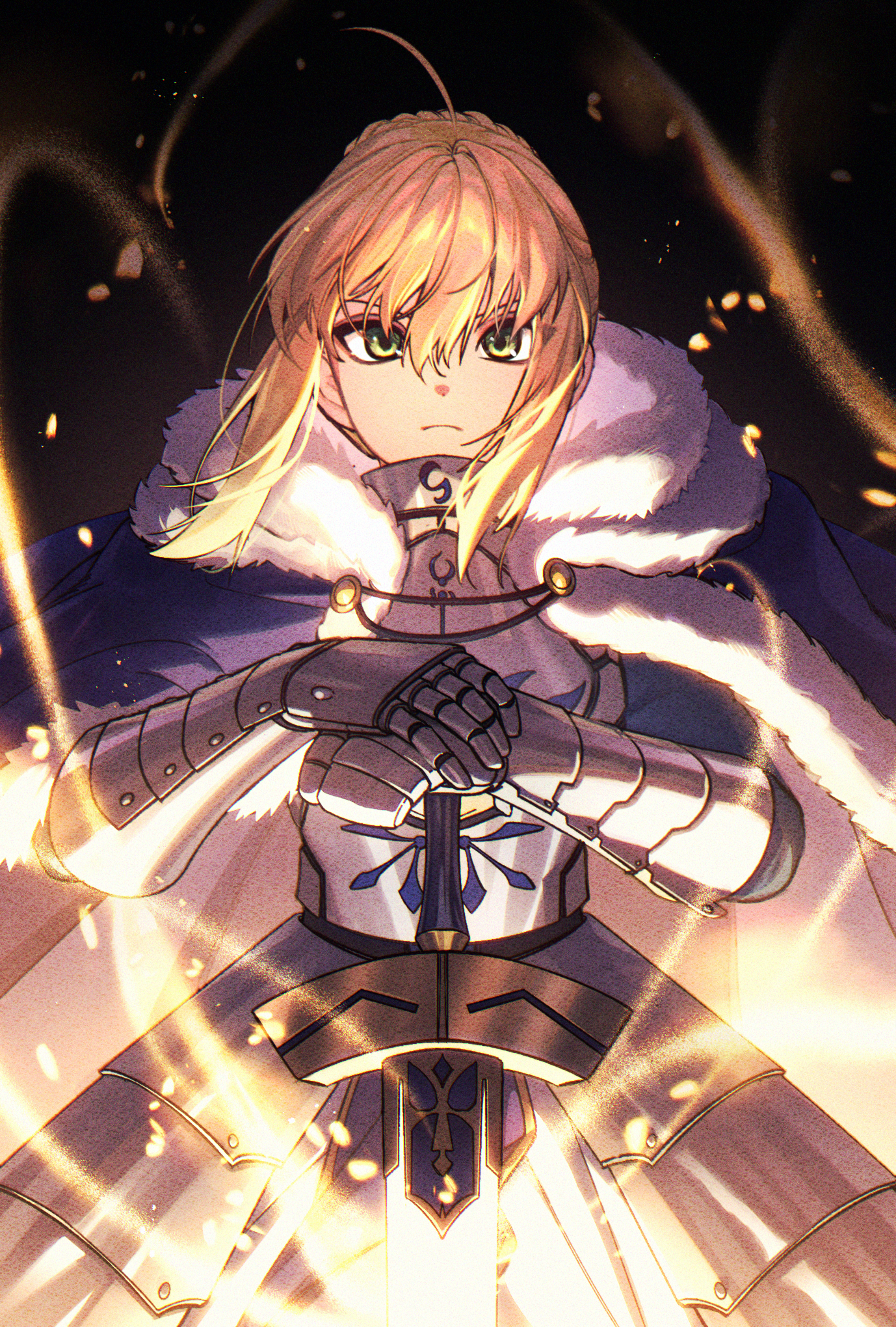 sattari, artoria pendragon (fate), saber (fate), fate/grand order, fate (series), commentary, highres, 1girl, ahoge, armor, armored dress, black background, blonde hair, blue cape, blue dress, braid, breastplate, bun with braided base, cape, closed mouth, cowboy shot, dress, excalibur (fate/stay night), faulds, fur-trimmed cape, fur trim, gauntlets, green eyes, hair between eyes, hand on hilt, looking at viewer, serious, solo, standing, sweater guard