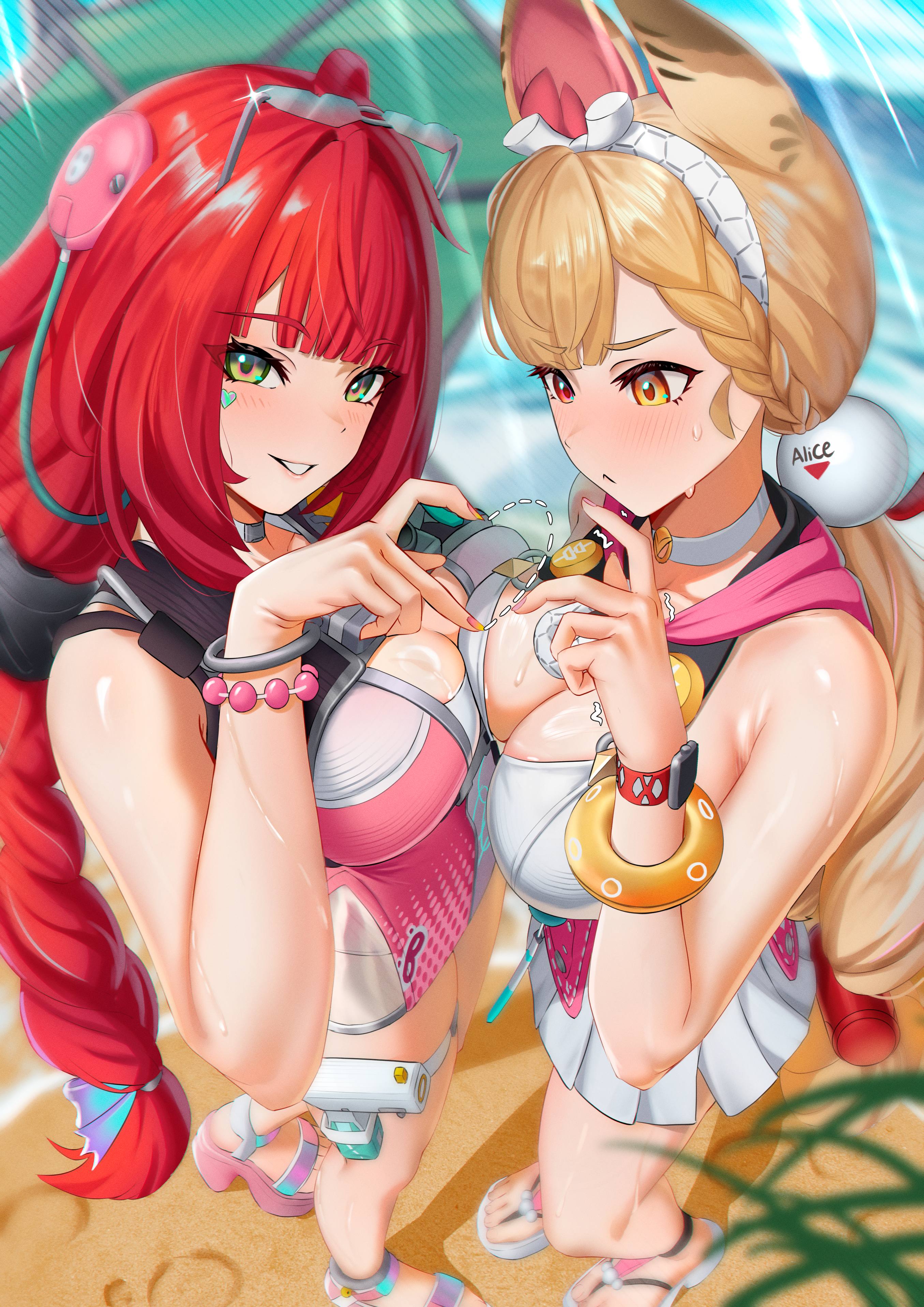 cruzvu, alice thymefield, alice thymefield (sea of thyme), ukinami yuzuha, ukinami yuzuha (tanuki in broad daylight), zenless zone zero, absurdres, commentary, highres, paid reward available, variant set, 2girls, :<, animal ears, armpit crease, asymmetrical docking, bare shoulders, blonde hair, blurry, blurry background, blush, braid, breast press, breasts, choker, cleavage, closed mouth, dress, eyewear on head, fingernails, flying sweatdrops, from above, gradient nails, green eyes, grin, hairband, hearing aid, heart hands failure, heart sticker, heterochromia, holstered, looking at hand, looking at viewer, low twin braids, low twintails, medium breasts, multiple girls, nail polish, ocean, official alternate costume, one-piece swimsuit, outdoors, parted lips, pink one-piece swimsuit, rabbit ears, rabbit girl, red eyes, sand, sandals, shore, smile, sphere hair ornament, standing, sticker on face, sunglasses, swimsuit, teeth, thighs, toes, twin braids, twintails, watch, water gun, wet, white choker, white dress, white hairband, wristwatch, yellow eyes, yellow nails, yuri