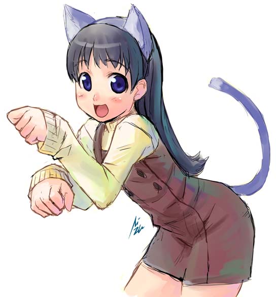 mizuki gyokuran, kasha maverick, solty rei, 00s, 1girl, :d, animal ears, black hair, blue eyes, cat ears, cat tail, child, fake animal ears, female focus, leaning forward, long hair, open mouth, paw pose, smile, solo, tail