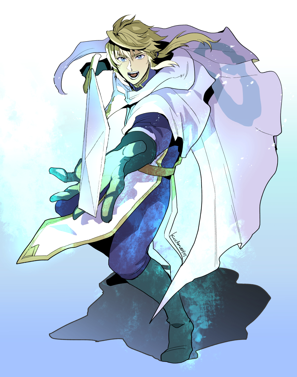 kachidama, erhardt (octopath traveler), octopath traveler, character request, check character, commentary request, highres, 1boy, blonde hair, blue background, blue eyes, blue pants, blue shirt, boots, cape, full body, gloves, green boots, green gloves, holding, holding sword, holding weapon, long hair, looking at viewer, male focus, open mouth, outstretched arm, pants, shirt, solo, standing, sword, weapon, white cape
