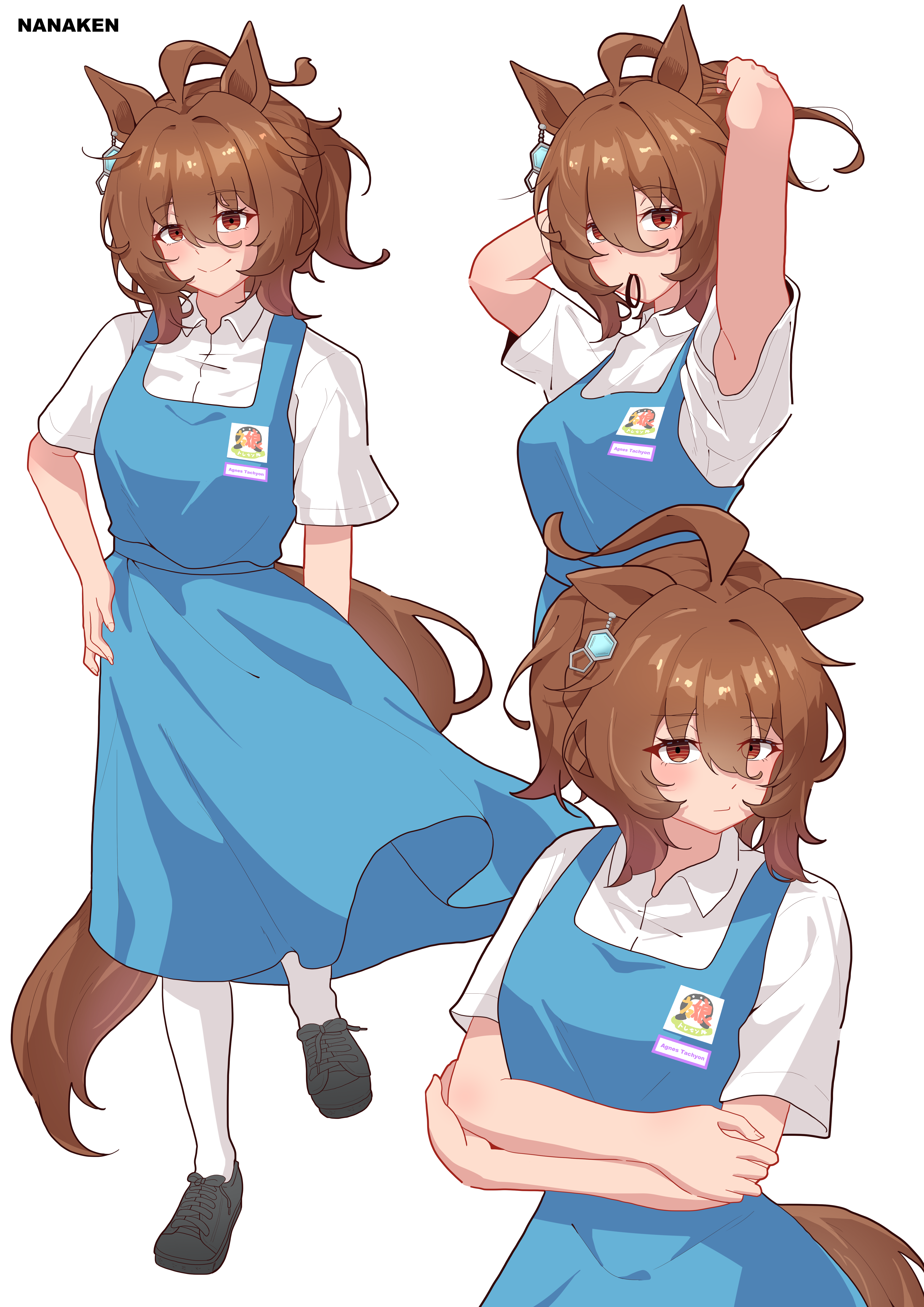 nanaken (qijian23092715), agnes tachyon (umamusume), umamusume, absurdres, commentary request, highres, 1girl, adjusting hair, ahoge, animal ears, arms up, artist name, black shoes, blue dress, chemical structure, crossed arms, dress, earrings, full body, hair tie in mouth, hand on own hip, horse ears, horse girl, horse tail, jewelry, malaysian secondary school uniform, messy hair, mouth hold, multiple views, red eyes, school uniform, shirt, shoes, simple background, single earring, sneakers, standing, tail, upper body, white background, white shirt, wolf cut