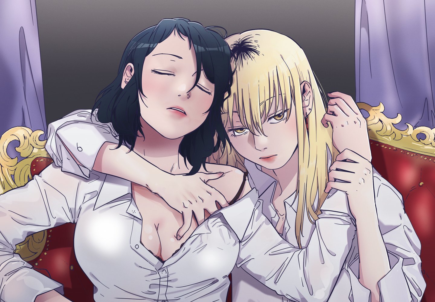 yeongol, original, commentary request, korean commentary, 2girls, arm around neck, black bra, black hair, blonde hair, bra, bra peek, breasts, choppy bangs, cleavage, closed mouth, forehead, hand up, holding another's arm, imminent grope, large breasts, long hair, long sleeves, looking at viewer, multiple girls, off shoulder, parted lips, partially unbuttoned, red lips, shirt, short hair, sidelocks, straight hair, strap slip, underwear, white shirt, yellow eyes, yuri