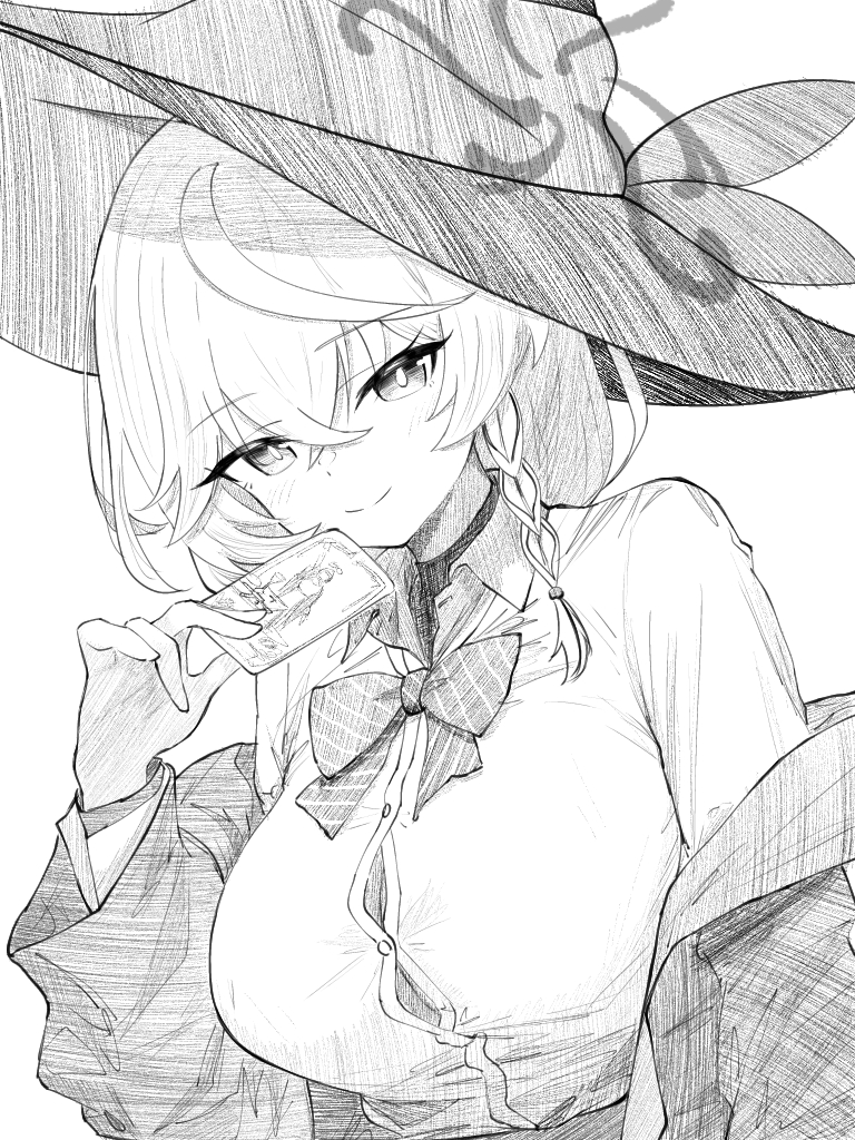 eri (blue archive), blue archive, bow, bowtie, braid, card, earrings, halo, hat, holding, holding card, jacket, jacket partially removed, jewelry, long coat, long hair, panties, ring, shirt, sketch, skirt, sweater, underwear, white hair, witch hat