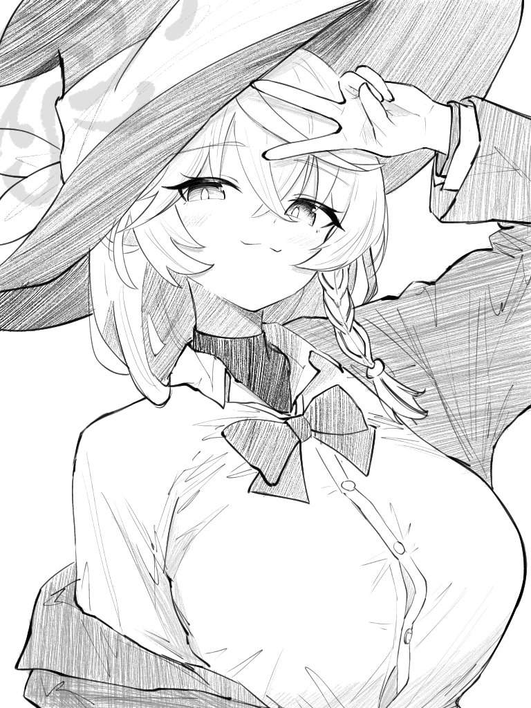 eri (blue archive), blue archive, bow, bowtie, braid, earrings, halo, hat, jacket, jacket partially removed, jewelry, long coat, long hair, panties, ring, shirt, sketch, skirt, sweater, underwear, white hair, witch hat
