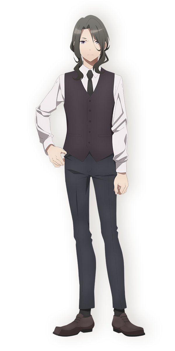 kinoshita sumie, klaus (spy kyoushitsu), spy kyoushitsu, highres, official art, 1boy, anime coloring, black hair, black necktie, black socks, brown shoes, closed mouth, collared shirt, curtained hair, dress shoes, full body, grey pants, grey vest, long sleeves, looking at viewer, medium hair, necktie, pants, parted bangs, purple eyes, shirt, shoes, sidelocks, simple background, socks, solo, standing, transparent background, vest, white shirt
