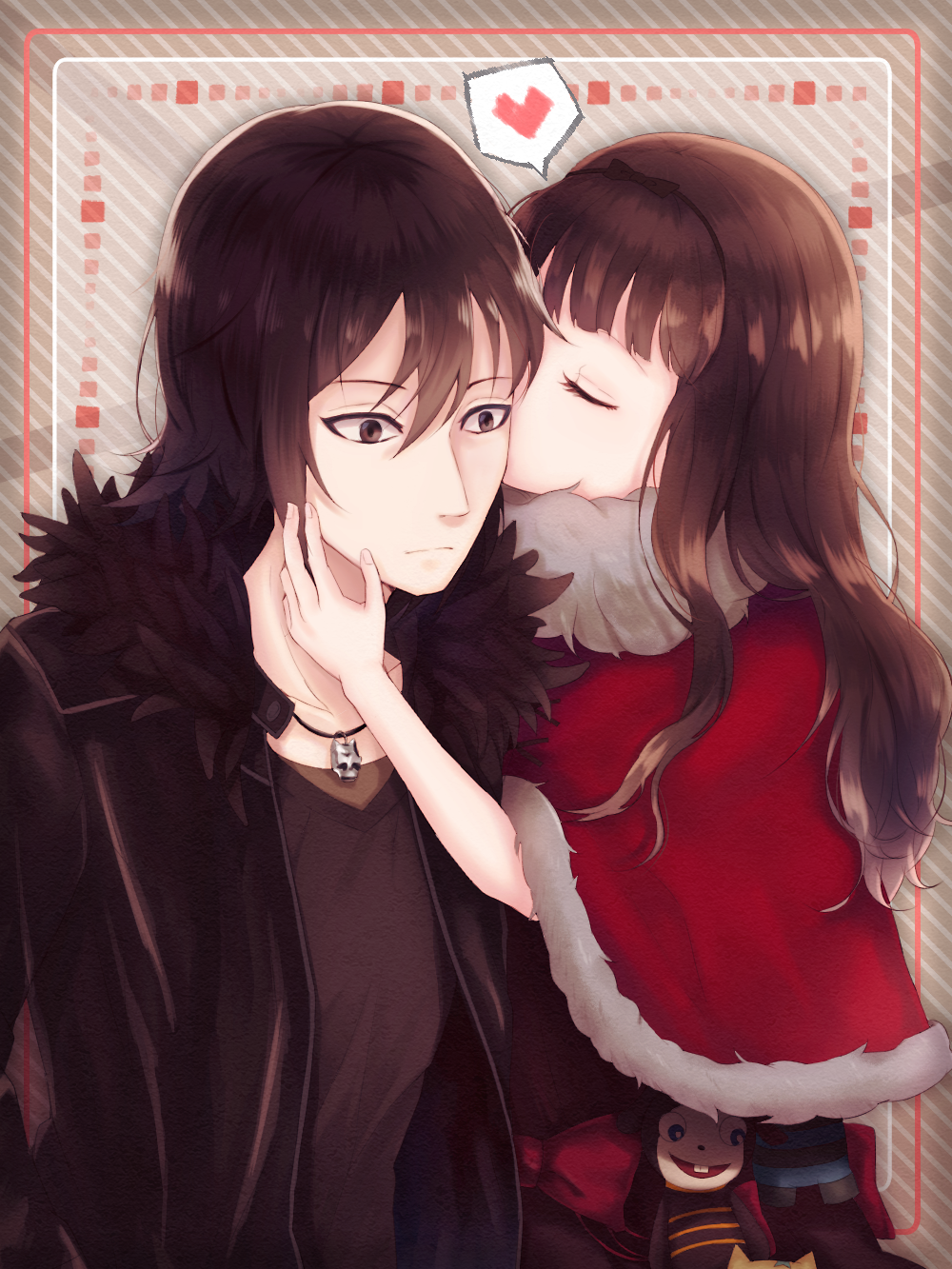 furirepu, kurenaino aria, occultic;nine, science adventure, highres, 1boy, 1girl, black hair, black hairband, brown hair, capelet, closed eyes, couple, fur-trimmed capelet, fur trim, hairband, hetero, kiss, kissing cheek, kusakabe kiryuu, long hair, long sleeves, red capelet, solo, surprised, upper body