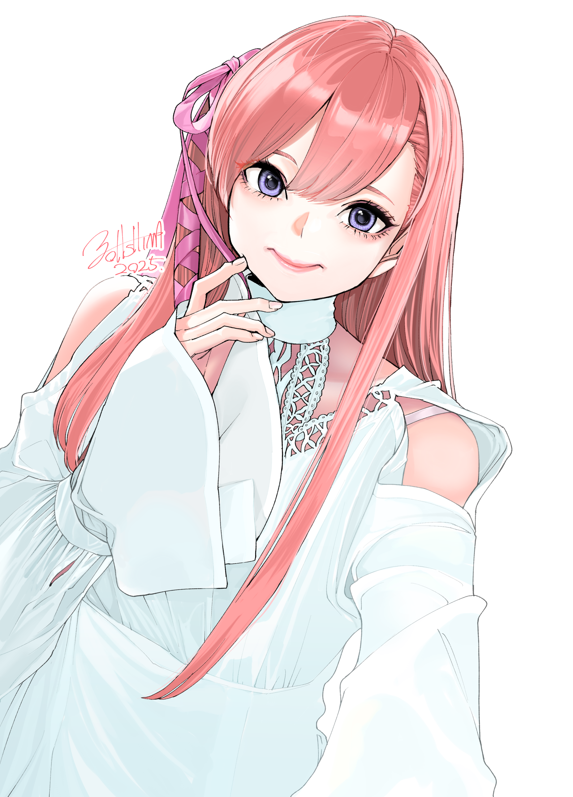 ooshima ryou, ryne waters, final fantasy, final fantasy xiv, absurdres, highres, 1girl, asymmetrical bangs, bra strap, clothing cutout, dated, dress, hair ribbon, halter dress, halterneck, hand on own chin, hyur, lips, long hair, long sleeves, looking at viewer, nose, orange hair, pink ribbon, puffy sleeves, purple eyes, ribbon, selfie, shoulder cutout, signature, simple background, smile, solo, white background, white dress