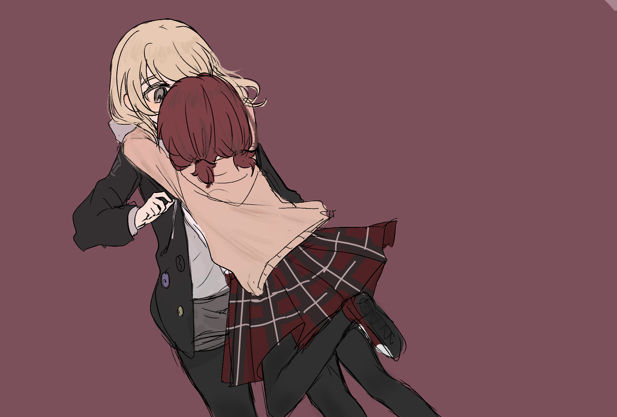 achadtea, iseri nina, kawaragi momoka, girls band cry, chinese commentary, commentary request, highres, 2girls, arms around neck, black jacket, black pantyhose, blonde hair, brown background, grey eyes, grey hoodie, hood, hoodie, implied kiss, jacket, long hair, long sleeves, multiple girls, pantyhose, plaid clothes, plaid skirt, red hair, red skirt, short twintails, simple background, skirt, twintails, yuri