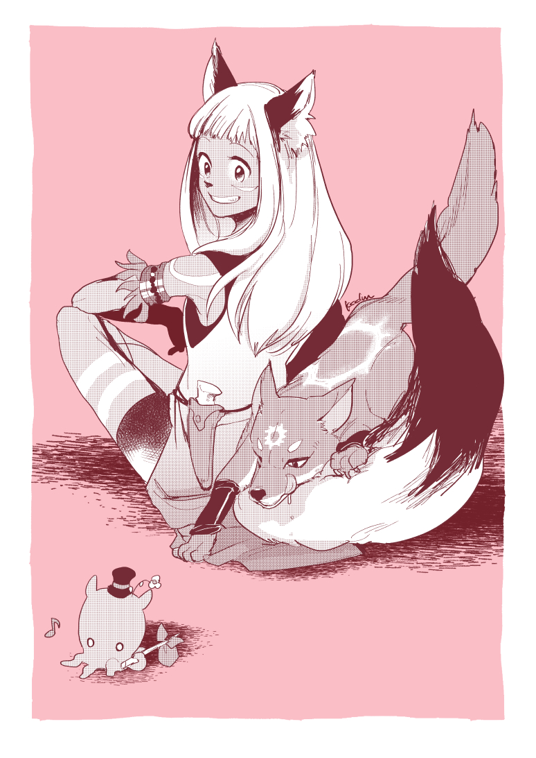 kachidama, ochette (octopath traveler), octopath traveler, commentary request, 1girl, animal ear fluff, animal ears, animal nose, bare shoulders, border, dark-skinned female, dark skin, fox, full body, greyscale with colored background, grin, long hair, octopus, pink background, shirt, shorts, simple background, sitting, sleeveless, sleeveless shirt, smile, solo, tail, white border