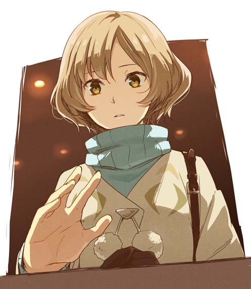 kannuki hisui, occultic;nine, science adventure, fluffy hair, 1girl, blonde hair, blue sweater, coat, hair between eyes, kisaki asuna, long sleeves, looking at viewer, open mouth, ribbed sweater, scarf, short hair, solo, sweater, turtleneck, turtleneck sweater, upper body, white coat, yellow eyes