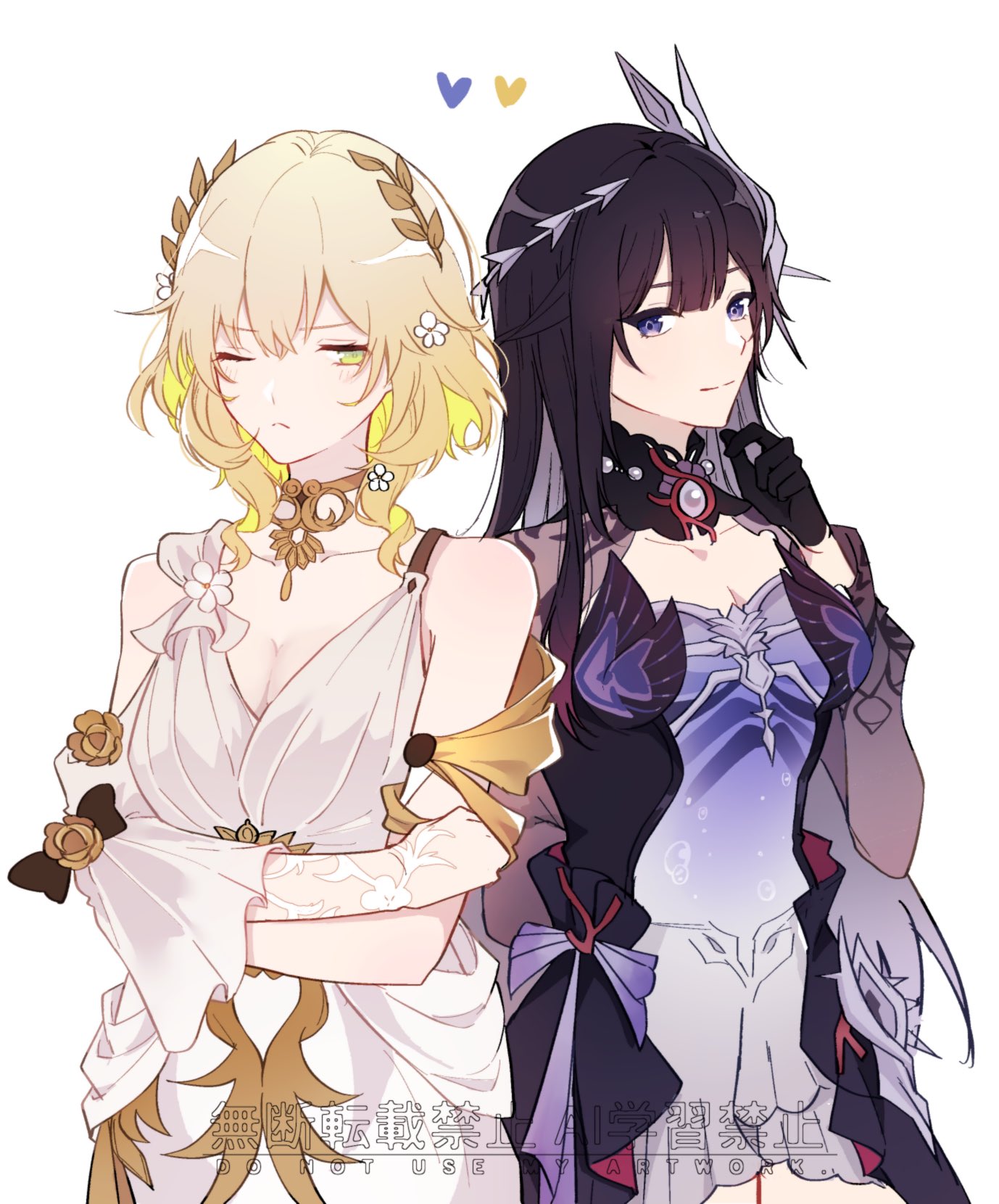 aglaea (honkai: star rail), hysilens (honkai: star rail), honkai: star rail, honkai (series), commentary request, highres, 2girls, black dress, black gloves, black hair, blonde hair, breasts, collarbone, dress, gloves, green eyes, heart, laurel crown, medium breasts, multiple girls, one eye closed, purple eyes, see-through body, shrug (clothing), simple background, smile, taro i, watermark, wavy hair, white background, white dress