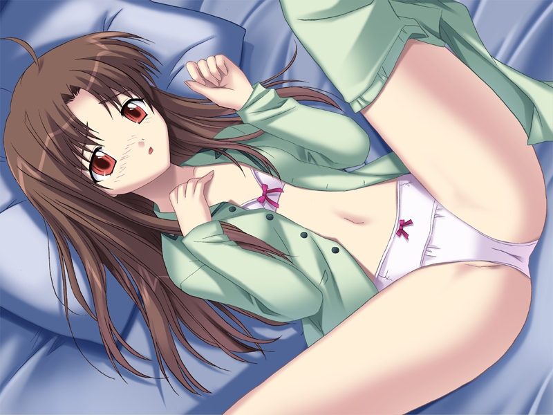 ayamori kanoka, daughter maker 2, game cg, 1girl, bow, bow bra, bow panties, bra, brown eyes, brown hair, clothes pull, female focus, lingerie, long hair, lying, on back, open clothes, open shirt, pajamas, panties, pants, pants around one leg, pants pull, shirt, solo, spread legs, underwear, white bra, white panties