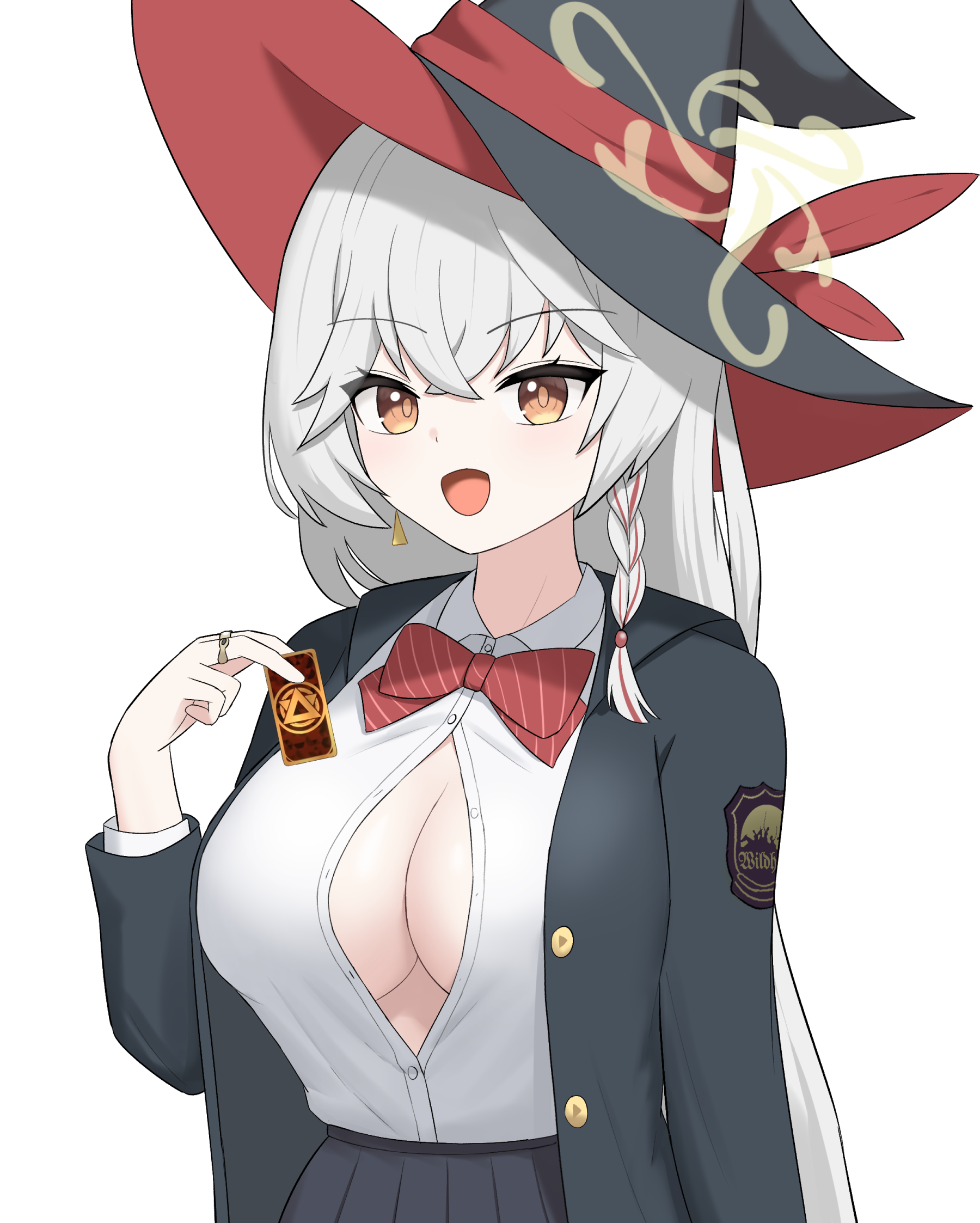 eri (blue archive), blue archive, bow, bowtie, braid, breasts, card, cleavage, earrings, halo, hat, holding, holding card, jacket, jewelry, long coat, long hair, open clothes, open shirt, panties, ring, shirt, skirt, sweater, underwear, white hair, witch hat