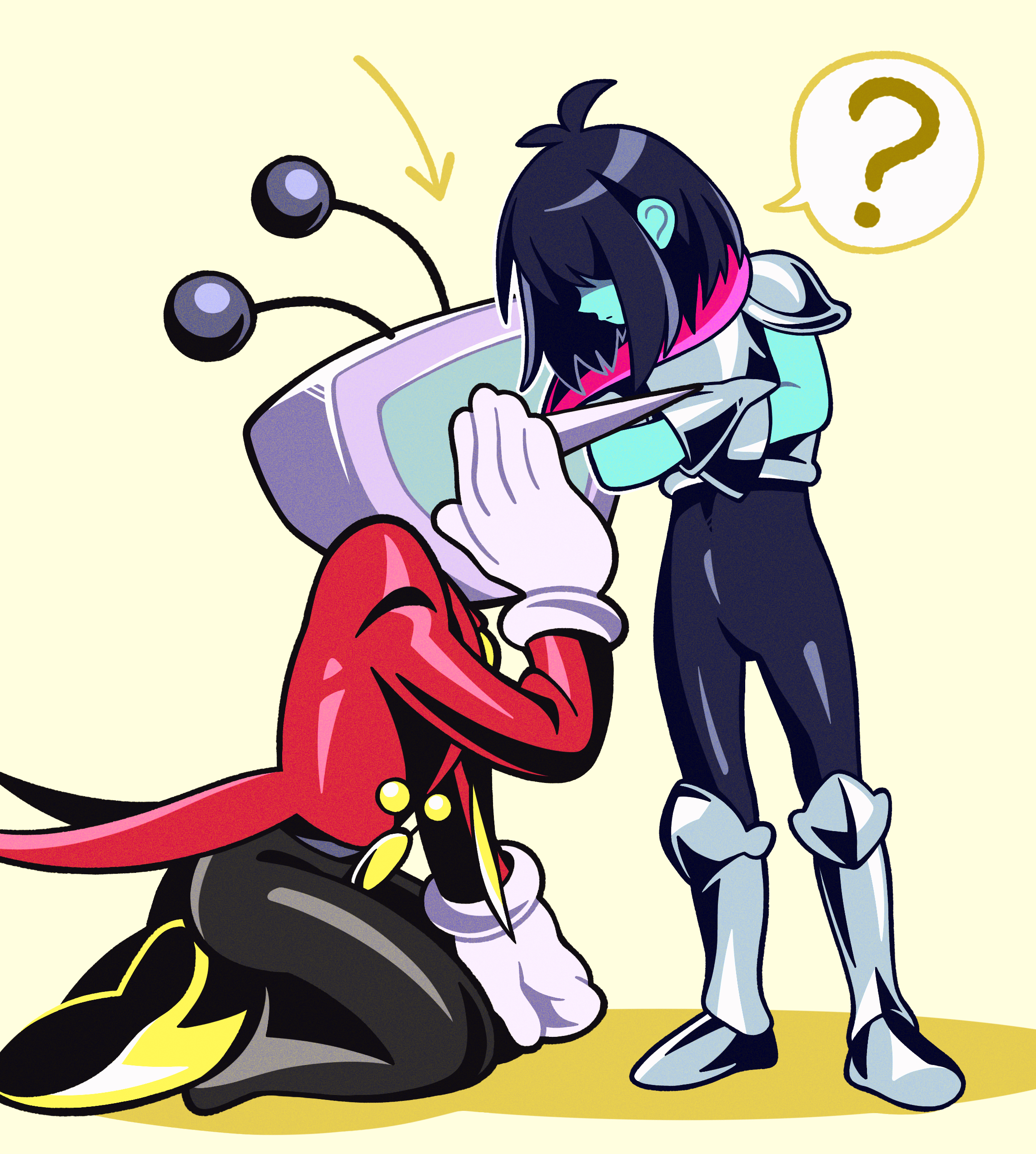 ant tenna, kris (dark world) (deltarune), kris (deltarune), deltarune, utdr (toby fox), absurdres, commentary request, highres, 1boy, 1other, ?, armor, black bodysuit, black hair, blue skin, bodysuit, cape, colored skin, crossed arms, crt, full body, gloves, kneeling, necktie, object head, partially shaded face, pointy nose, radio antenna, shadow, shoes, short hair, spoken question mark, standing, tailcoat, vn35214, whispering, white gloves, yellow background, yellow necktie, yellow shoes