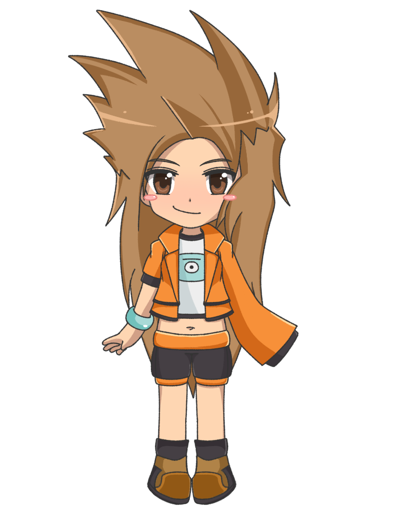 larry butz, ace attorney, non-web source, asymmetrical sleeves, boots, bracelet, brown boots, brown eyes, brown hair, chibi, crop top, jacket, jewelry, long hair, long sleeves, looking at viewer, orange jacket, pale skin, shirt, short shorts, shorts, smirk, spiked hair, standing, transparent background, white shirt