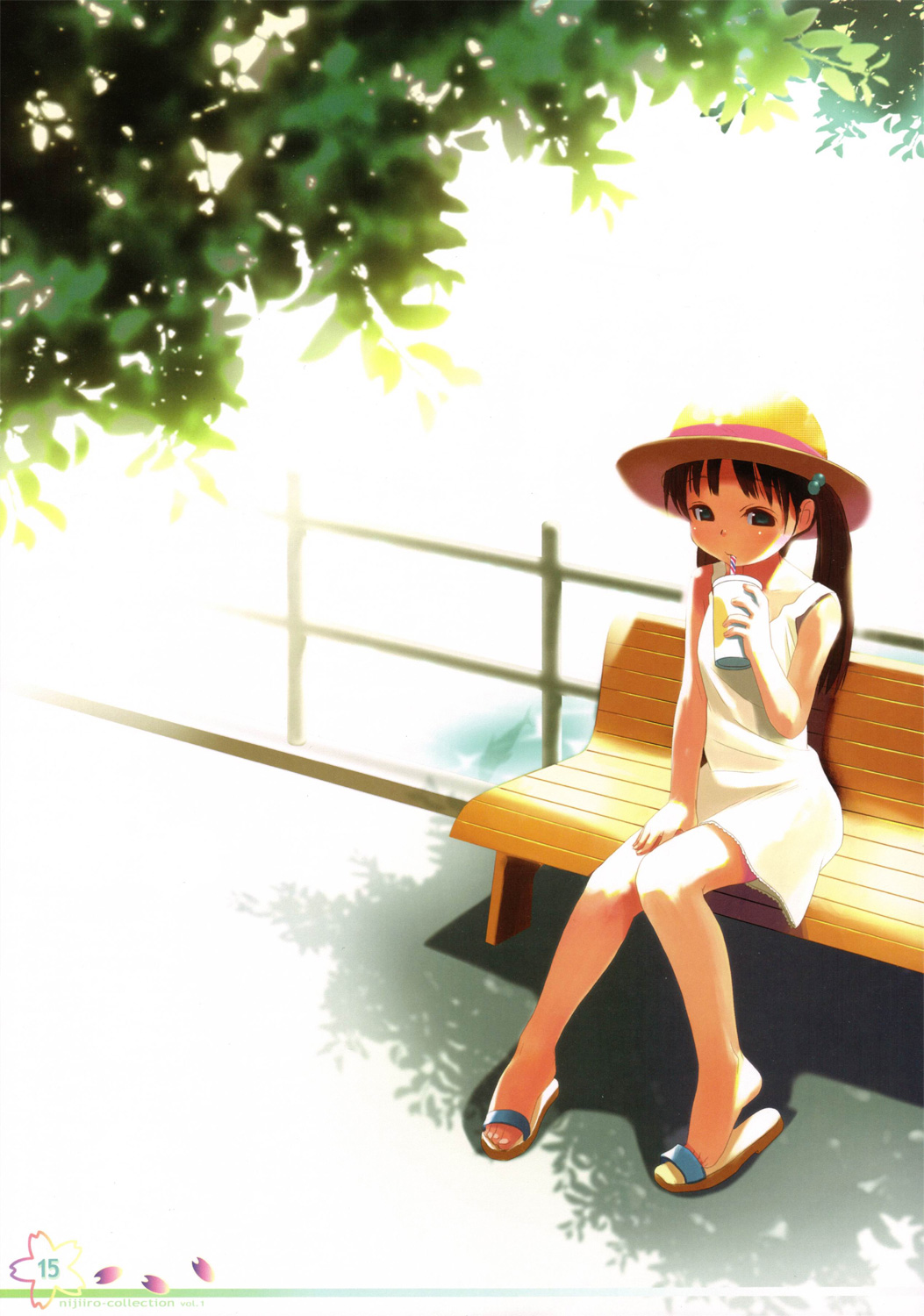 koutaro, highres, 1girl, bench, brown hair, dappled sunlight, day, dress, drink, drinking, drinking straw, female focus, fence, hair bobbles, hair ornament, hat, knees together feet apart, long hair, outdoors, sandals, shadow, sitting, sleeveless, sleeveless dress, solo, sundress, sunlight, tree, twintails, white dress