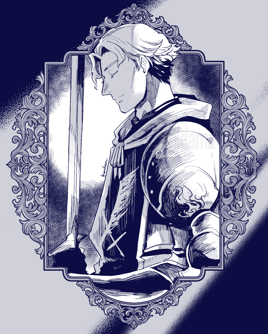 kachidama, octopath traveler, character request, commentary request, 1boy, armor, closed eyes, closed mouth, from side, holding, holding sword, holding weapon, male focus, monochrome, short hair, signature, solo, sword, upper body, weapon