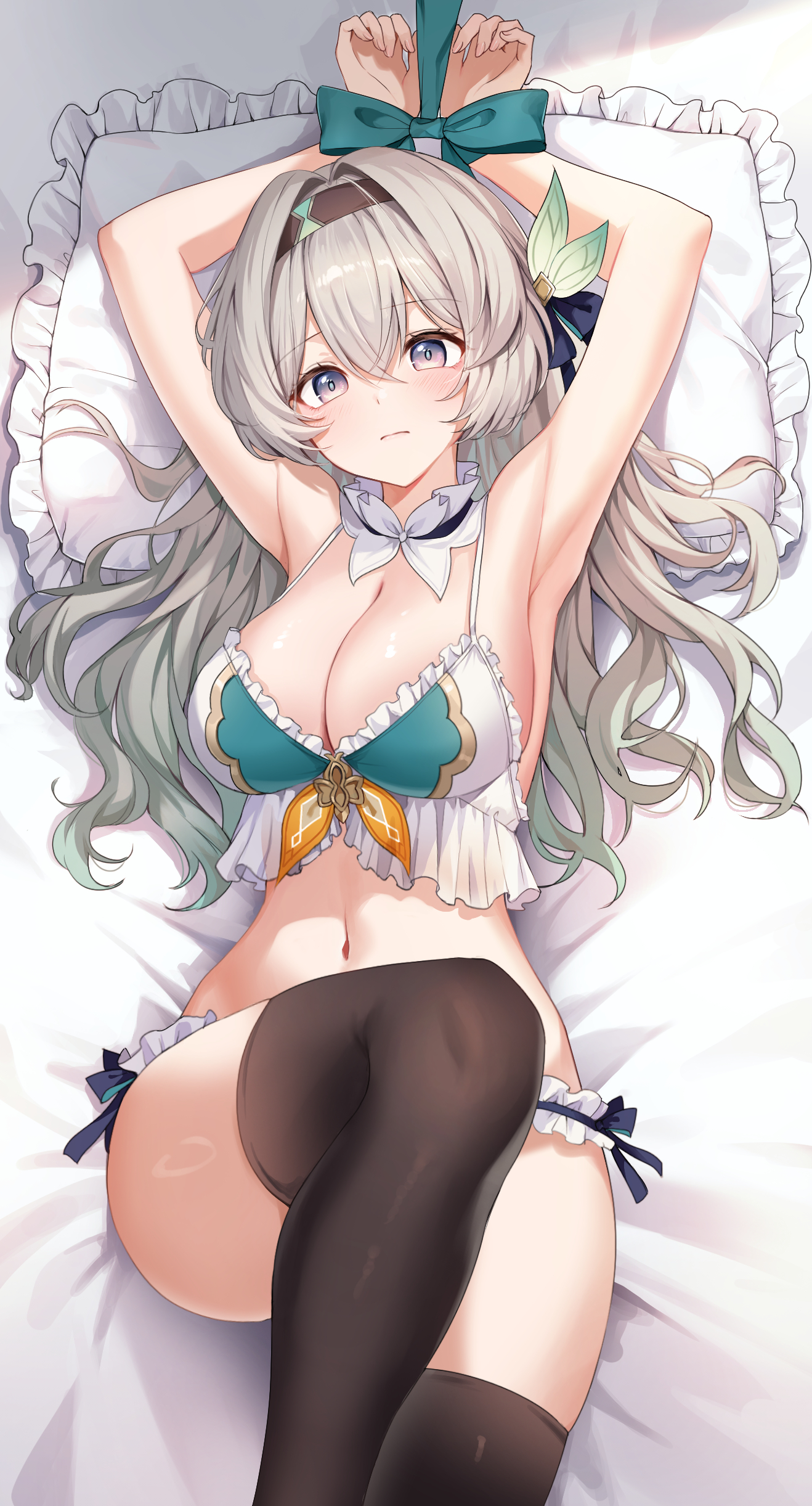 yeohye s2, firefly (honkai: star rail), honkai: star rail, honkai (series), absurdres, hashtag-only commentary, highres, 1girl, armpits, arms tied above head, arms up, babydoll, bed, bed sheet, black hairband, black thighhighs, blush, bound, bound wrists, bra, breasts, cleavage, closed mouth, frilled bra, frilled panties, frilled pillow, frills, from above, gradient hair, green hair, green ribbon, grey eyes, grey hair, hair between eyes, hair intakes, hair ornament, hair spread out, hairband, large breasts, leg up, long hair, looking at viewer, lying, multicolored hair, navel, on back, on bed, panties, pillow, ribbon, side-tie panties, solo, stomach, thighhighs, thighs, underwear, very long hair, white bra, white panties