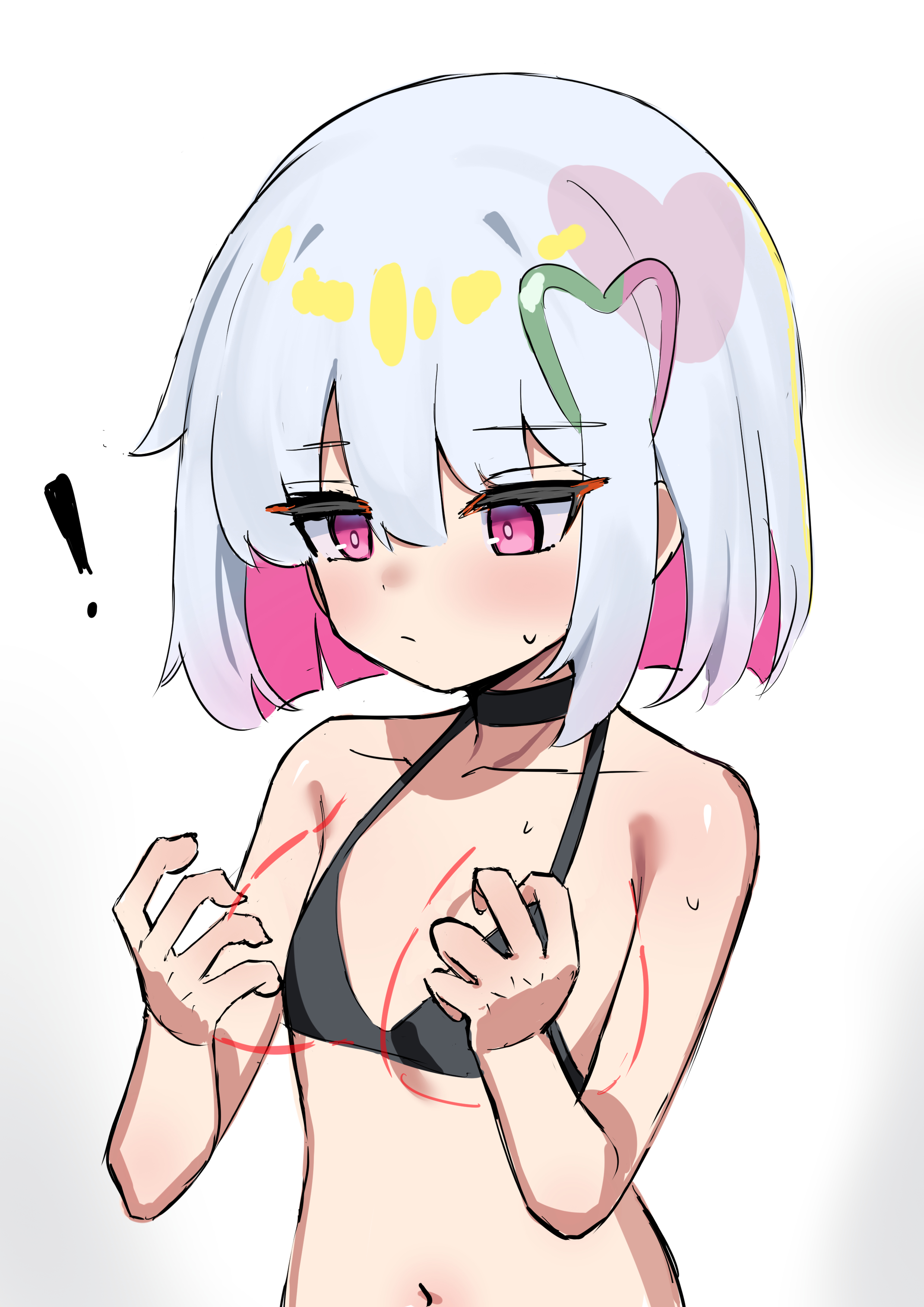 iog626, porno (dohna dohna), dohna dohna issho ni warui koto o shiyou, absurdres, highres, !, 1girl, bikini, black bikini, black bra, black choker, bra, breast envy, choker, closed mouth, collarbone, colored inner hair, hair between eyes, hair ornament, heart, heart hair ornament, multicolored hair, navel, pink eyes, short hair, simple background, solo, sweat, swimsuit, underwear, upper body, white background