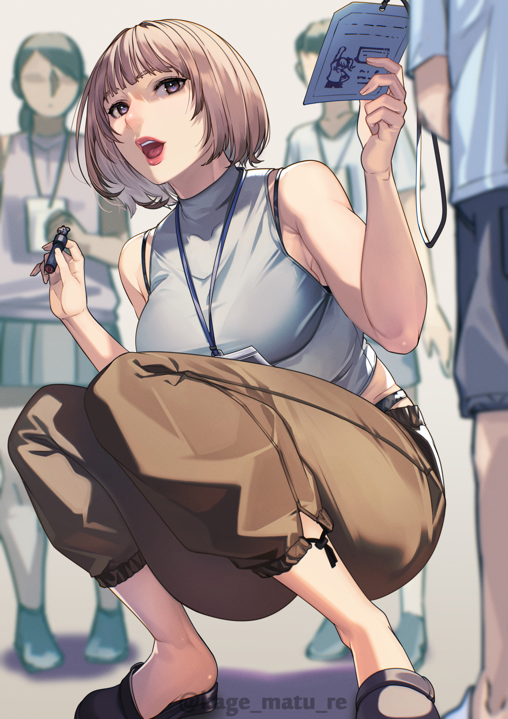 kagematsuri, original, absurdres, highres, 1girl, black shoes, blurry, blurry background, bra strap, breasts, brown eyes, brown hair, brown pants, holding, lanyard, lips, open mouth, pants, shirt, shoes, short hair, sleeveless, sleeveless shirt, squatting, twitter username, upper body, white shirt