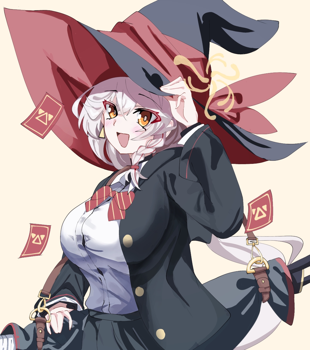 eri (blue archive), blue archive, bow, bowtie, braid, card, earrings, gun, halo, hat, jacket, jewelry, long coat, long hair, panties, ring, shirt, skirt, sweater, underwear, weapon, white hair, witch hat