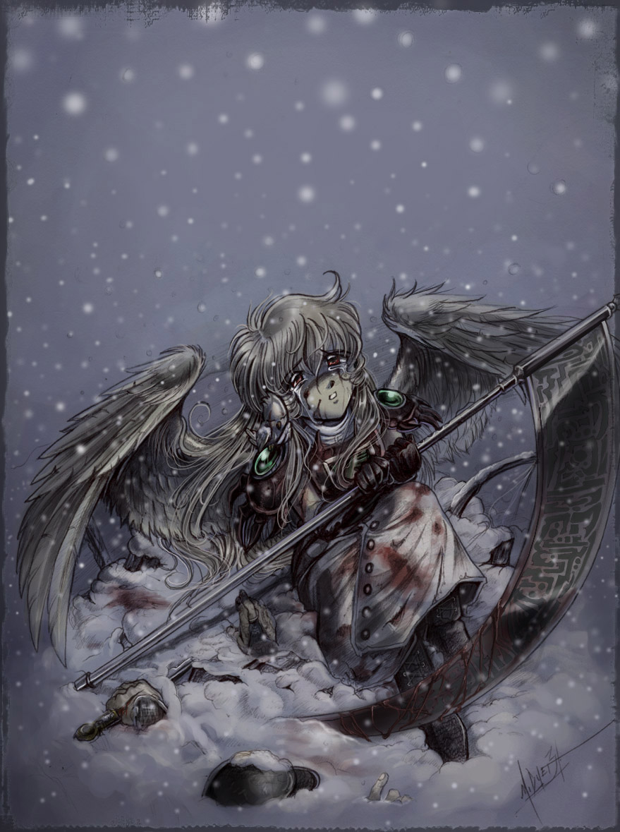 pupukachoo, ocarina (violinist of hameln), sizer, violinist of hameln, 1girl, angel, blood, blood on face, boots, female focus, long hair, scythe, snow, snowing, solo, tears, thighhighs, twintails, wings