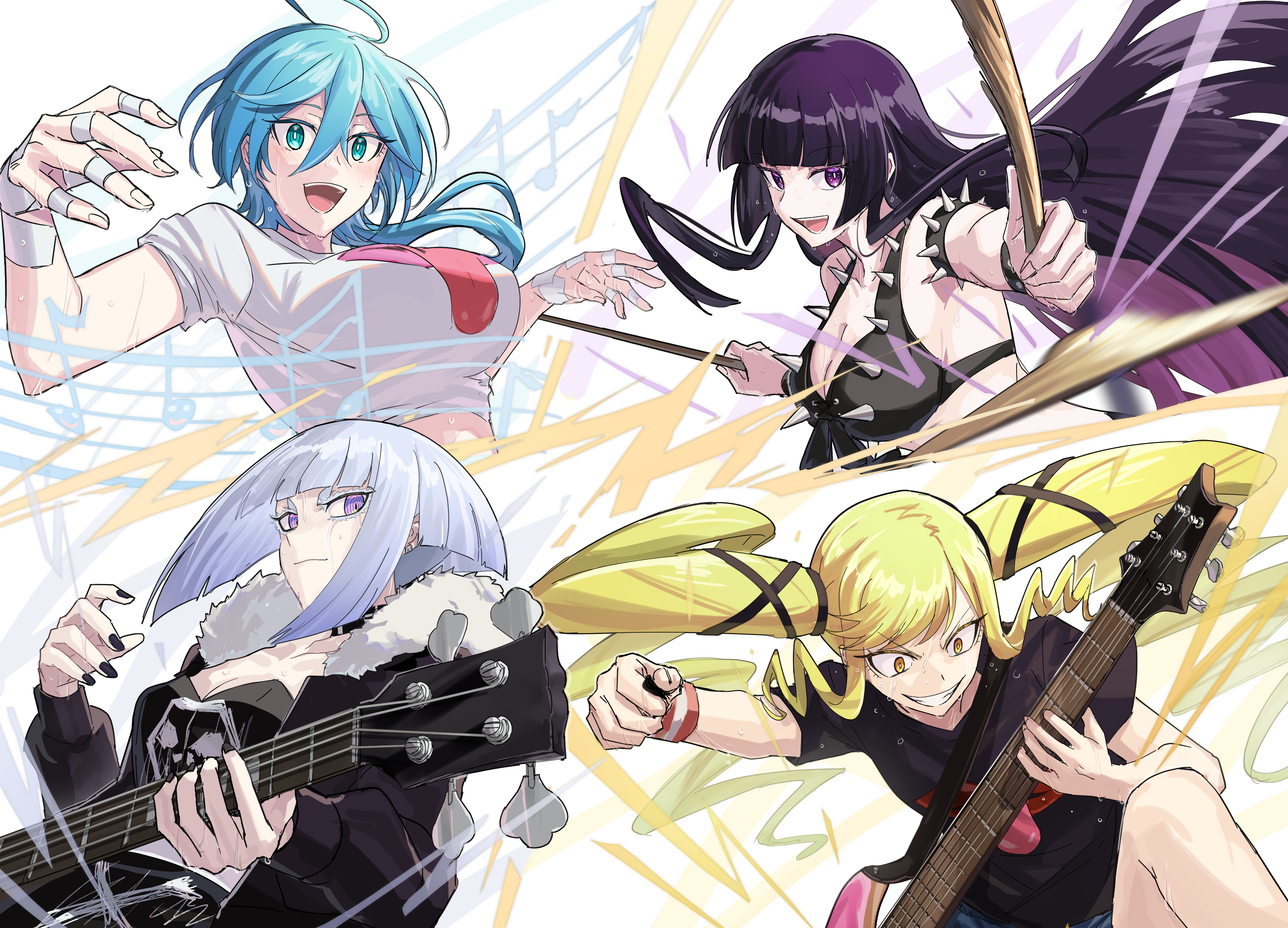 aoki shizumi, isemi tina, kurogane otoha, shiraya tamaki, suzunomiya lilisa, rock wa lady no tashinami deshite, absurdres, highres, 4girls, black nails, blonde hair, blunt bangs, breasts, green eyes, instrument, large breasts, looking at viewer, multiple girls, music, playing instrument, purple eyes, purple hair, short hair, smile, spiked bra, sweat, twintails
