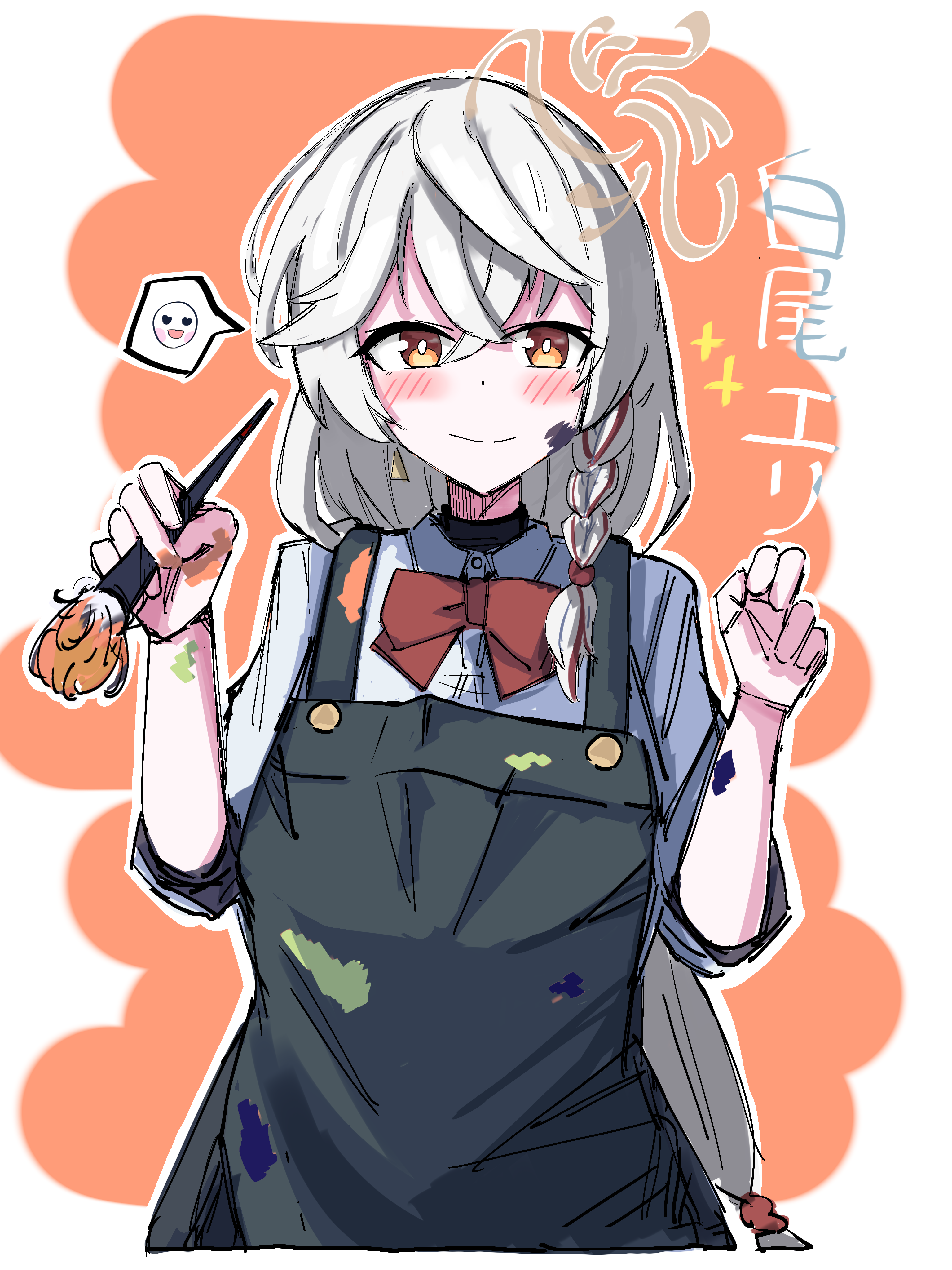 eri (blue archive), blue archive, absurdres, highres, 1girl, apron, black apron, blush, bow, bowtie, braid, brown eyes, character name, collared shirt, crossed bangs, curled fingers, earrings, glitter, gold earrings, hair between eyes, halo, hands up, happy, holding, holding paintbrush, jewelry, long hair, low-tied long hair, miyuki (utahalove0329), multicolored eyes, multicolored hair, orange eyes, paint splatter, paint splatter on face, paint stains, paintbrush, red bow, red bowtie, red hair, shirt, side braid, sidelocks, smile, solo, spoken expression, streaked hair, triangle earrings, very long hair, white hair, white shirt