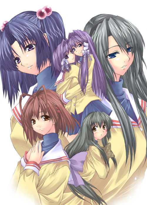 ichino, fujibayashi kyou, fujibayashi ryou, furukawa nagisa, ibuki fuuko, ichinose kotomi, sakagami tomoyo, clannad, silver hair, 00s, 6+girls, black hair, blue eyes, blue hair, brown eyes, brown hair, everyone, female focus, long hair, low-tied long hair, multiple girls, purple hair, short hair, siblings, sisters, twins