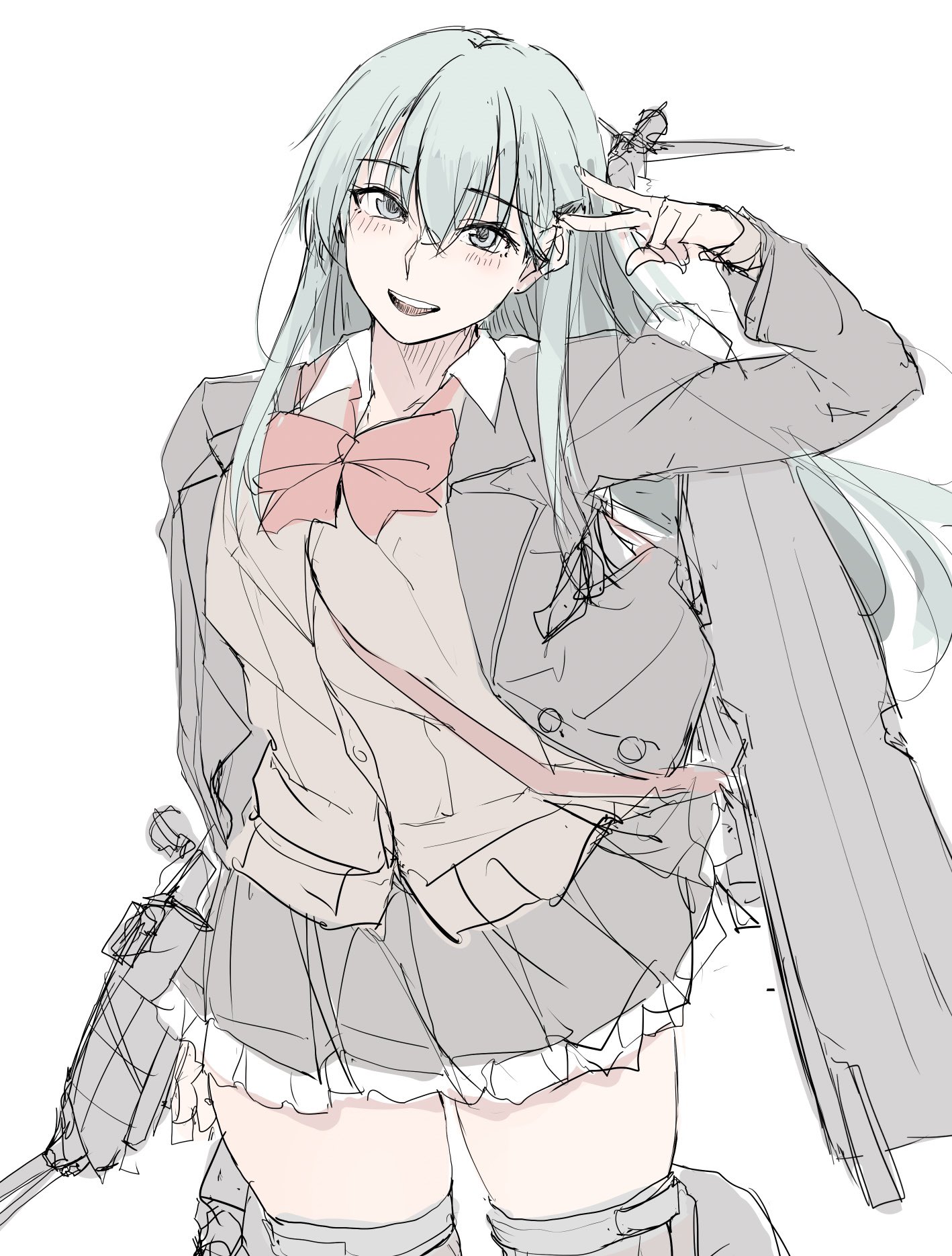 zekkyon, suzuya (kancolle), kantai collection, highres, 1girl, black jacket, black skirt, blue hair, bow, bowtie, brown sweater, collared shirt, frilled skirt, frills, hair between eyes, jacket, long hair, long sleeves, looking at viewer, open clothes, open jacket, open mouth, red bow, red bowtie, rigging, shirt, simple background, sketch, skirt, solo, sweater, white background, white shirt