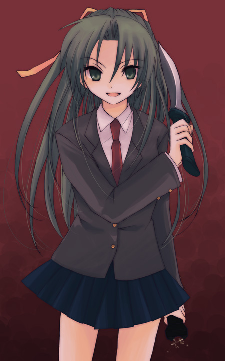shima tokio, sonozaki shion, higurashi no naku koro ni, 00s, 1girl, electricity, electroshock weapon, energy, female focus, knife, less-than-lethal weapon, red background, simple background, solo, stun gun
