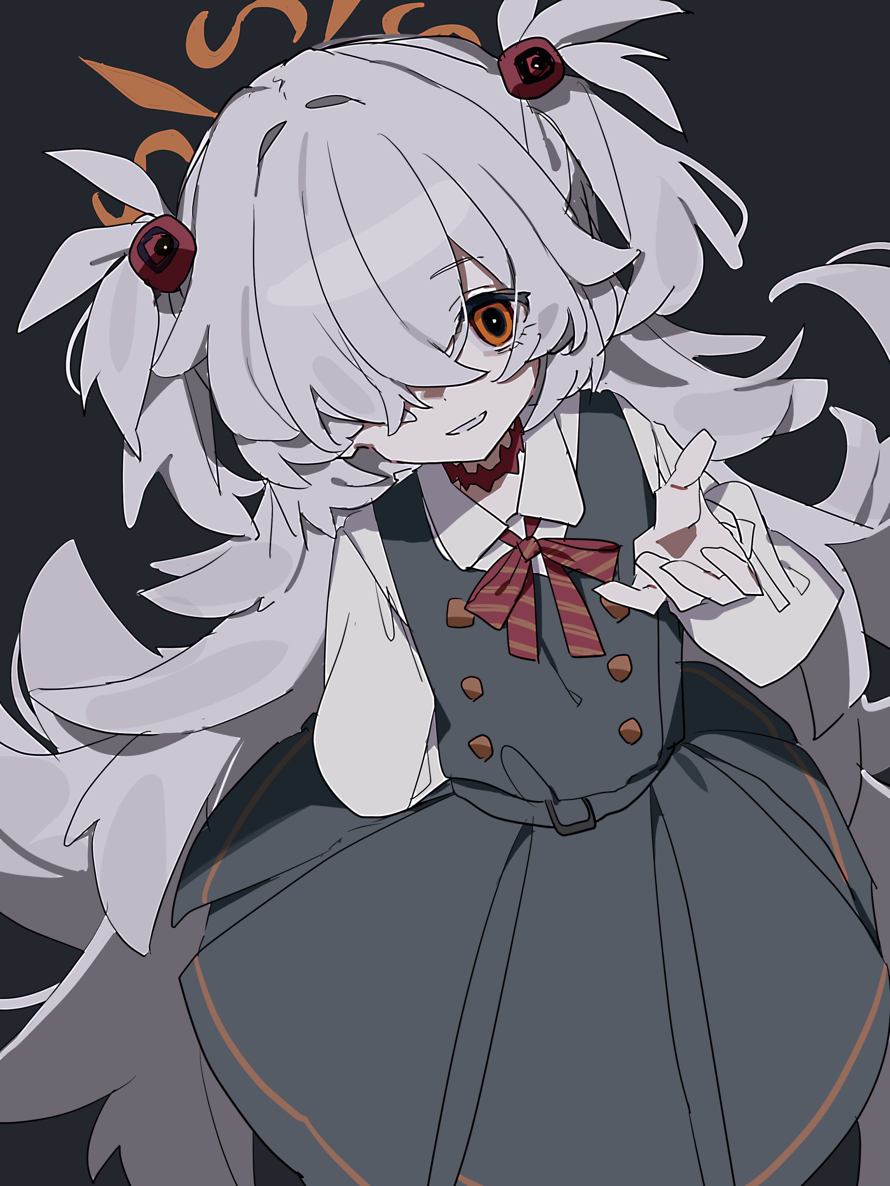 ameno (motiizamurai), kanoe (blue archive), blue archive, commentary, highres, 1girl, arm behind back, black background, black dress, collared shirt, dress, grey hair, hair between eyes, hair ornament, halo, long hair, long sleeves, looking at viewer, orange eyes, pale skin, pinafore dress, ribbon, scar, scar on neck, shirt, simple background, sleeveless, sleeveless dress, solo, two side up, very long hair, white shirt