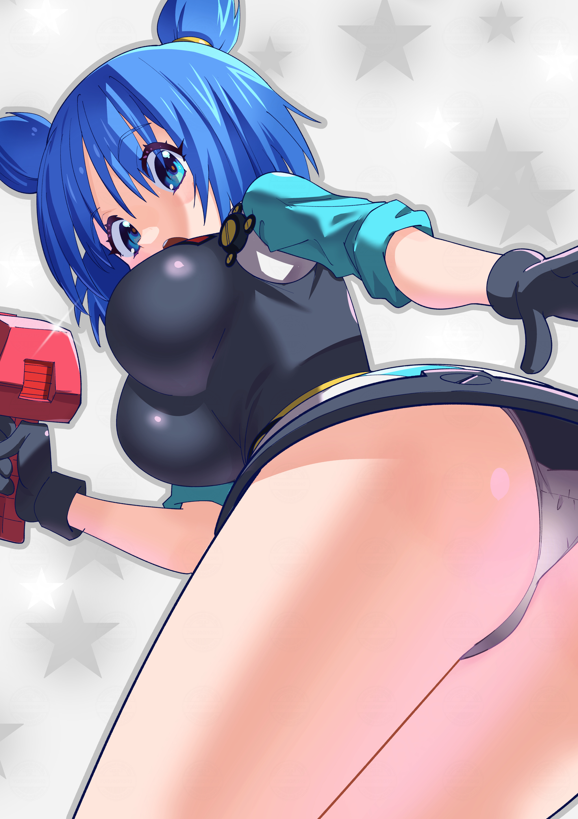 toku sonchou, vela (jet force gemini), jet force gemini, absurdres, commentary request, highres, 1girl, ass, black gloves, black skirt, blue eyes, blue hair, breasts, gloves, gun, holding, holding gun, holding weapon, large breasts, looking at viewer, open mouth, panties, short hair, skirt, solo, star (symbol), star symbol background, underwear, weapon, white panties