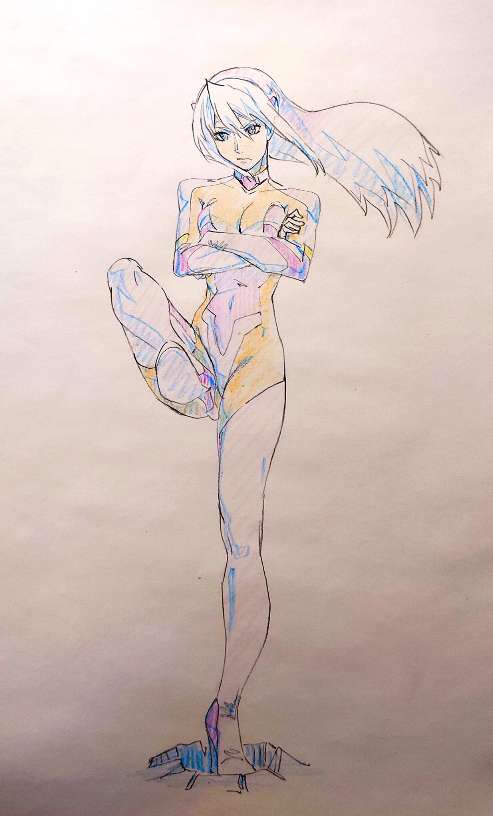 cwind, birdy cephon altera, tetsuwan birdy, highres, traditional media, 1girl, blue eyes, blue leotard, boots, breasts, cleavage, closed mouth, elbow gloves, full body, gloves, leotard, long hair, looking at viewer, medium breasts, multicolored hair, muted color, simple background, solo, thigh boots, thighhighs, two-tone hair, white background