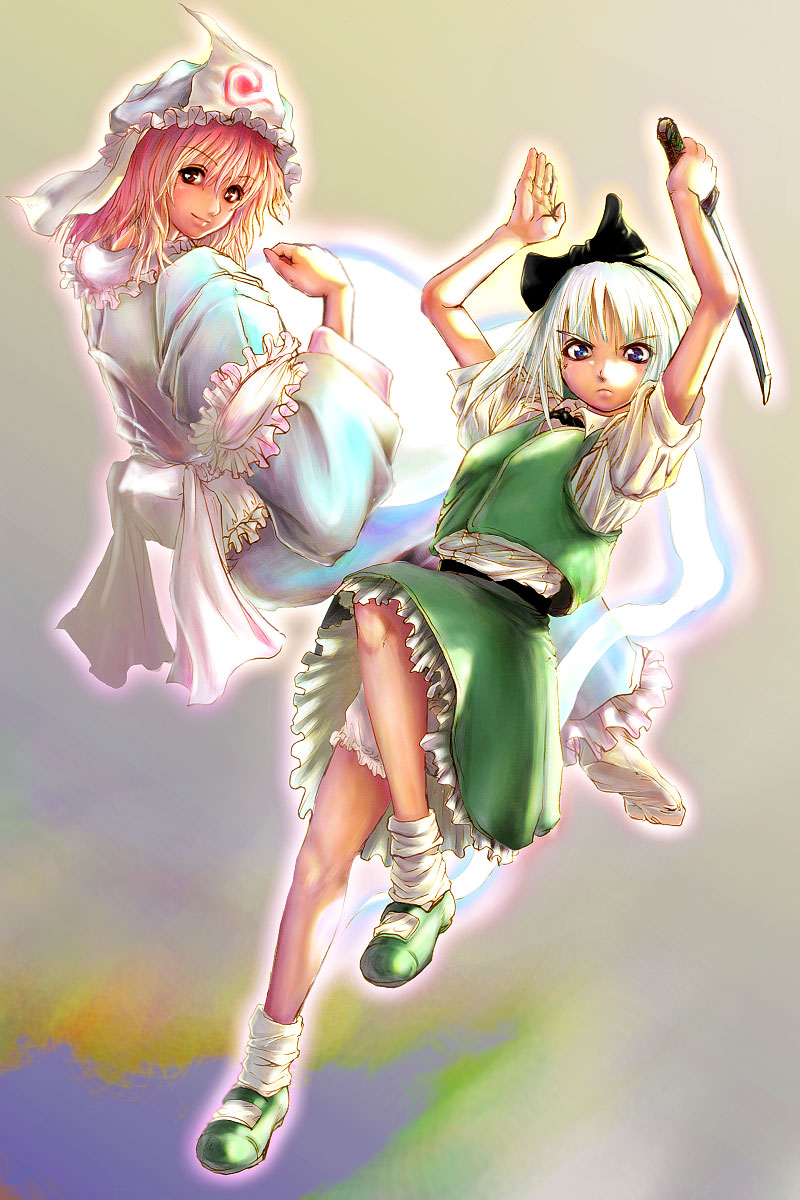 konpaku youmu, konpaku youmu (ghost), saigyouji yuyuko, touhou, highres, 2girls, bloomers, female focus, frills, gothic lolita, hat, hitodama, katana, lolita fashion, mary janes, multiple girls, shoes, socks, sword, triangular headpiece, underwear, wakizashi, weapon, white bloomers