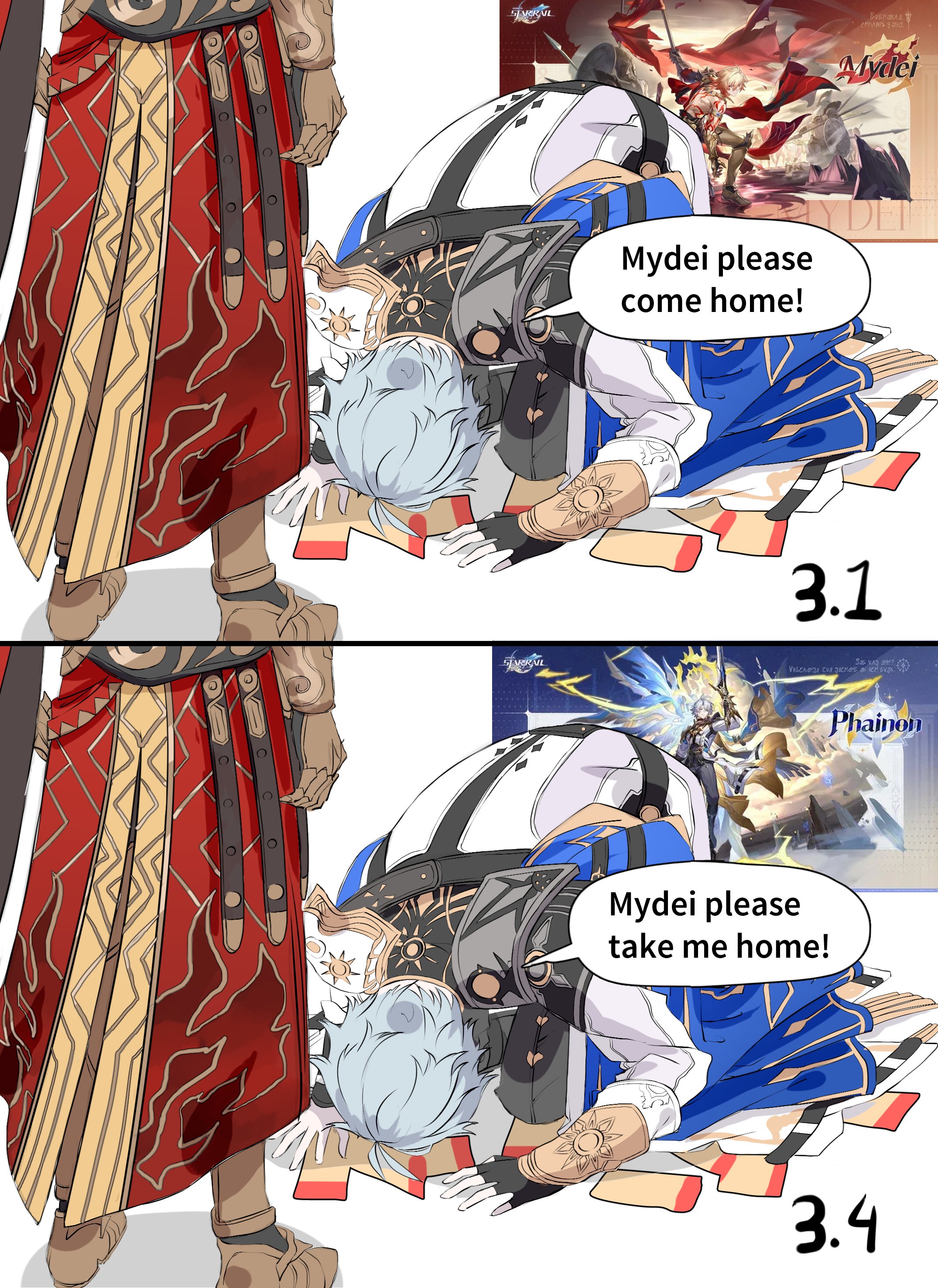 mydei (honkai: star rail), phainon (honkai: star rail), honkai: star rail, honkai (series), absurdres, hashtag-only commentary, highres, 2boys, antenna hair, armor, armored boots, black gloves, black shirt, blue cape, boots, cape, clawed gauntlets, coat, fingerless gloves, gloves, male focus, multiple boys, nasi rawon, pauldrons, photo inset, prostration, shirt, short hair, shoulder armor, side cape, single glove, single pauldron, waist cape, white coat, white hair, yaoi