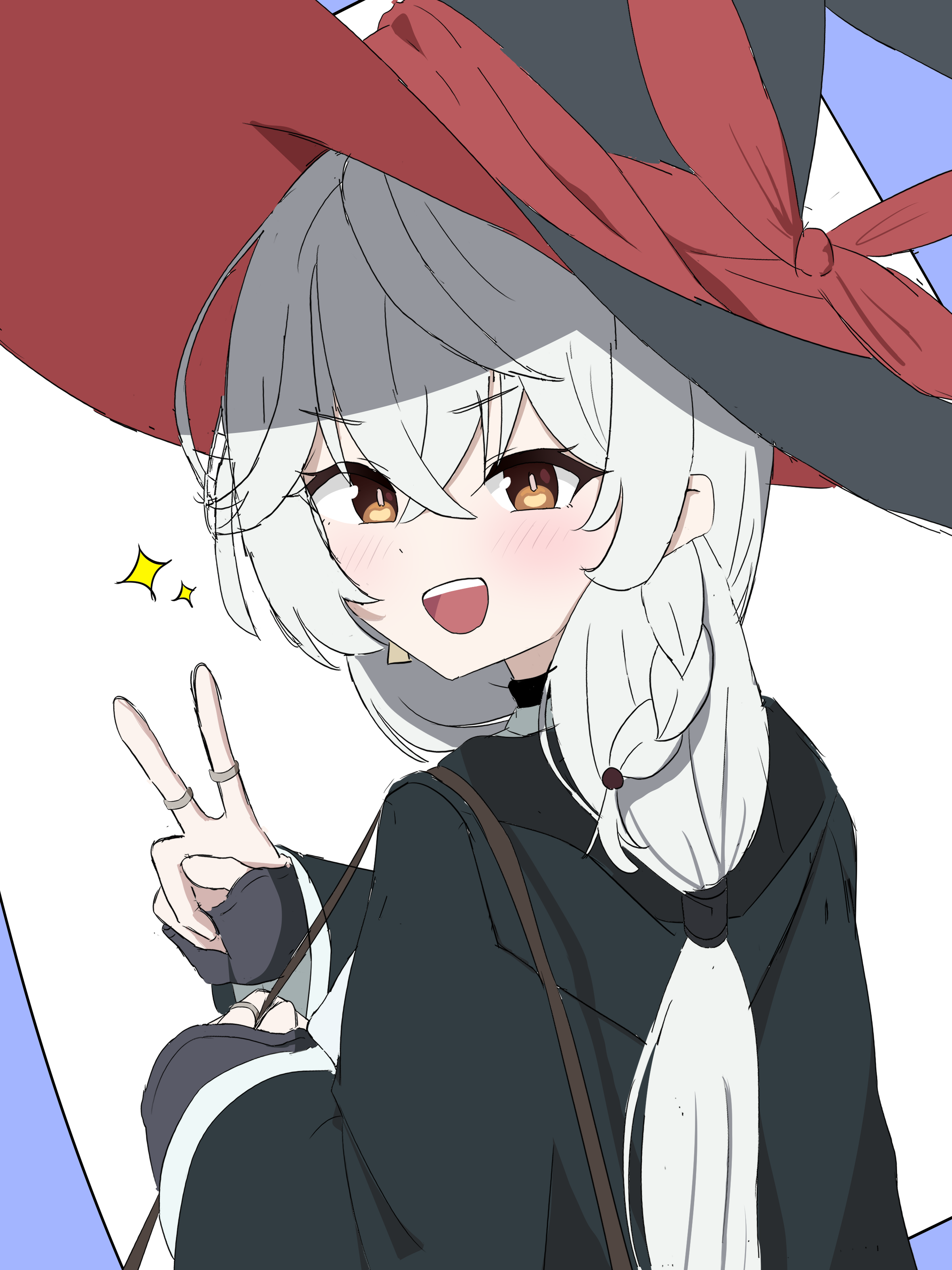 eri (blue archive), blue archive, blush stickers, bow, bowtie, braid, halo, hat, jacket, long coat, long hair, panties, shirt, skirt, sparkle, sweater, underwear, v, white hair, witch hat