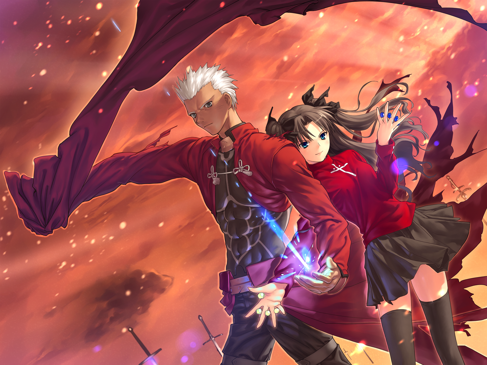 archer (fate), tohsaka rin, fate/stay night, fate (series), silver hair, tall, highres, 00s, 1boy, 1girl, between fingers, black thighhighs, blue eyes, brown hair, cross, dark-skinned male, dark skin, grey eyes, height difference, holding, latin cross, magic, planted, planted sword, planted weapon, skirt, sky, sword, thighhighs, torn clothes, turtleneck, weapon, zettai ryouiki