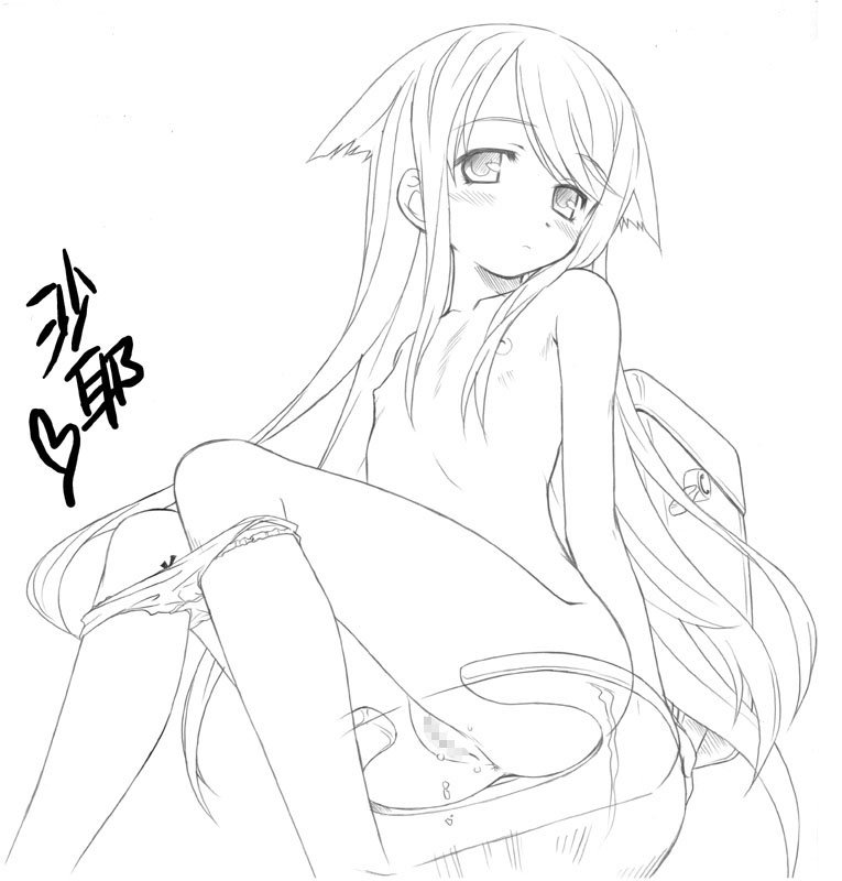 aoi kumiko, saya (saya no uta), saya no uta, 1girl, bow, bow panties, censored, female focus, greyscale, loli, monochrome, mosaic censoring, nipples, nude, panties, panty pull, solo, toilet, topless female, underwear, underwear only