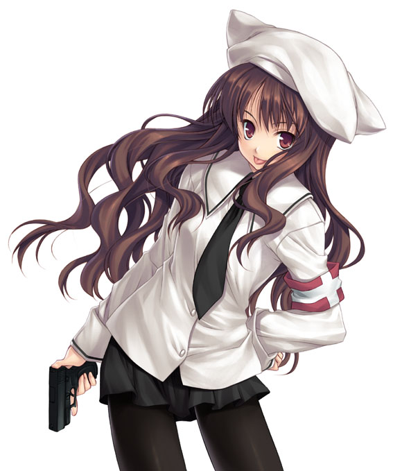 hagure keg, original, 1girl, :p, armband, ascot, black pantyhose, brown eyes, brown hair, female focus, gun, hand on own hip, handgun, hat, long hair, necktie, pantyhose, pistol, skirt, solo, tongue, tongue out, wavy hair, weapon