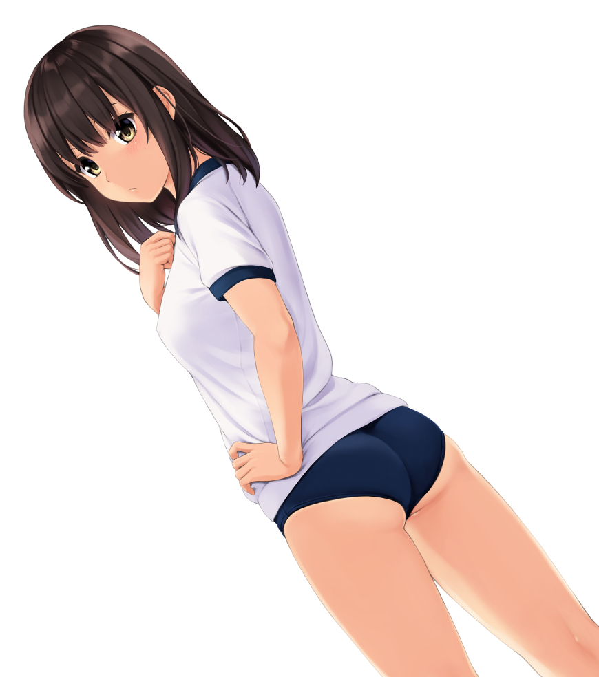 nonaka ritsu, touka (nonaka ritsu), original, 1girl, ass, black eyes, blue buruma, brown hair, buruma, expressionless, gym uniform, hand on own hip, kneepits, long hair, looking back, simple background, solo, standing, white background