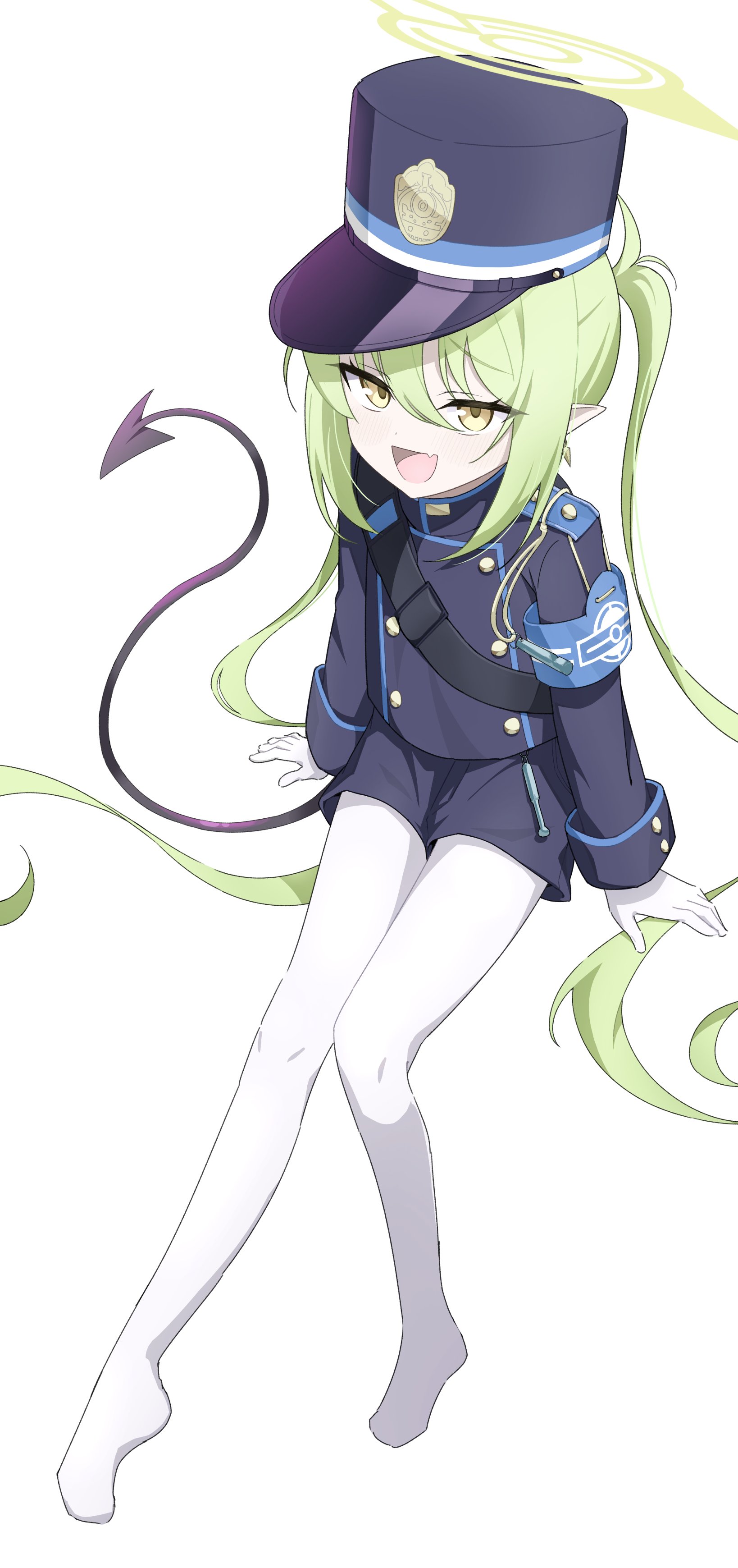 aome812, nozomi (blue archive), blue archive, absurdres, highres, 1girl, breasts, fang, green eyes, green hair, green halo, halo, hat, looking at viewer, open mouth, sitting, small breasts, solo, tail, twintails