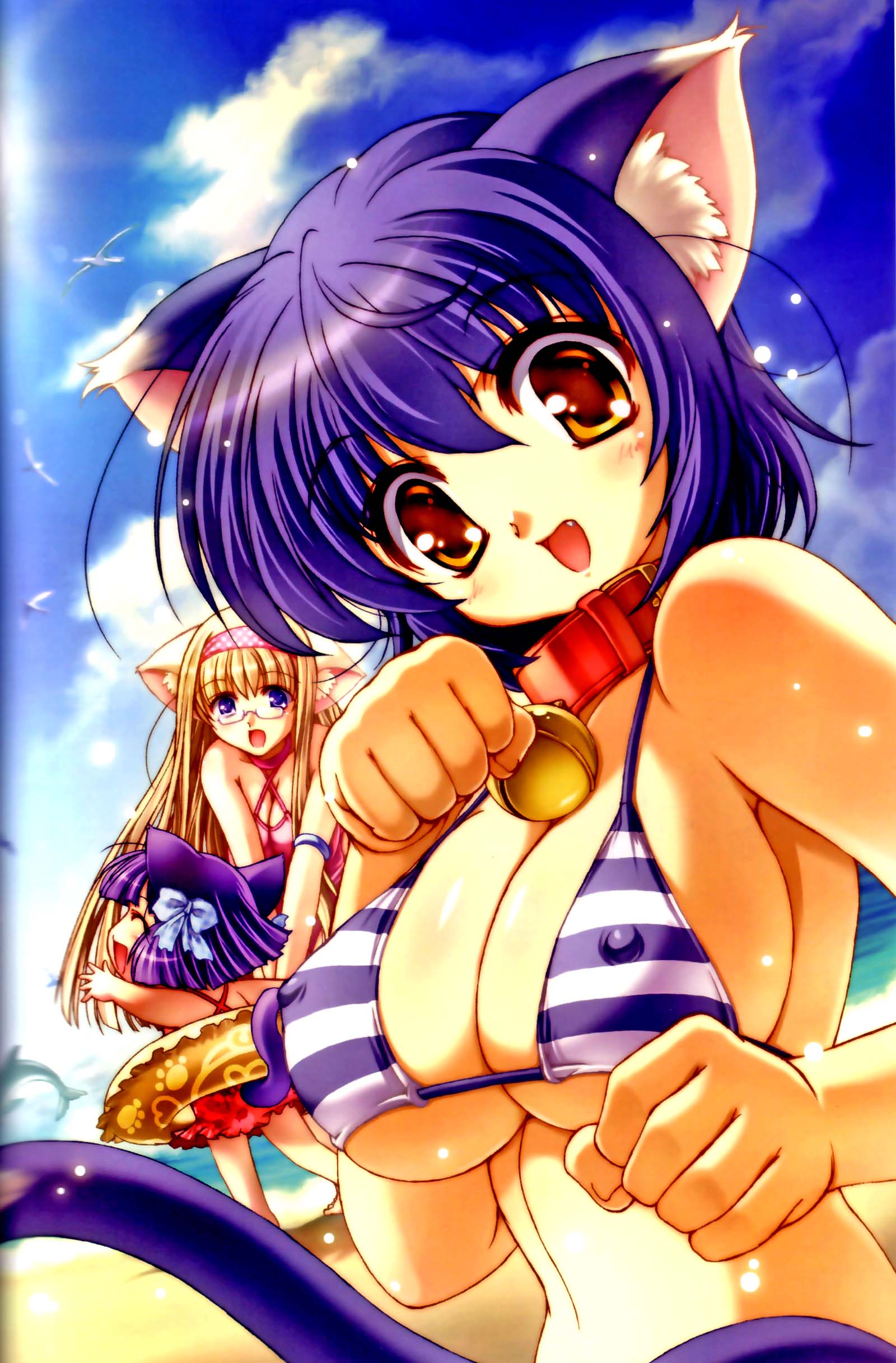 ishida hiroyuki, striped, absurdres, highres, scan, 3girls, animal ears, beach, bell, bikini, blonde hair, blue hair, breasts, casual one-piece swimsuit, cat ears, cat tail, chibi, cleavage, cloud, collar, covered erect nipples, day, dolphin, fang, glasses, innertube, jingle bell, large breasts, long hair, multiple girls, neck bell, ocean, one-piece swimsuit, outdoors, purple hair, sky, swim ring, swimsuit, tail, underboob, water