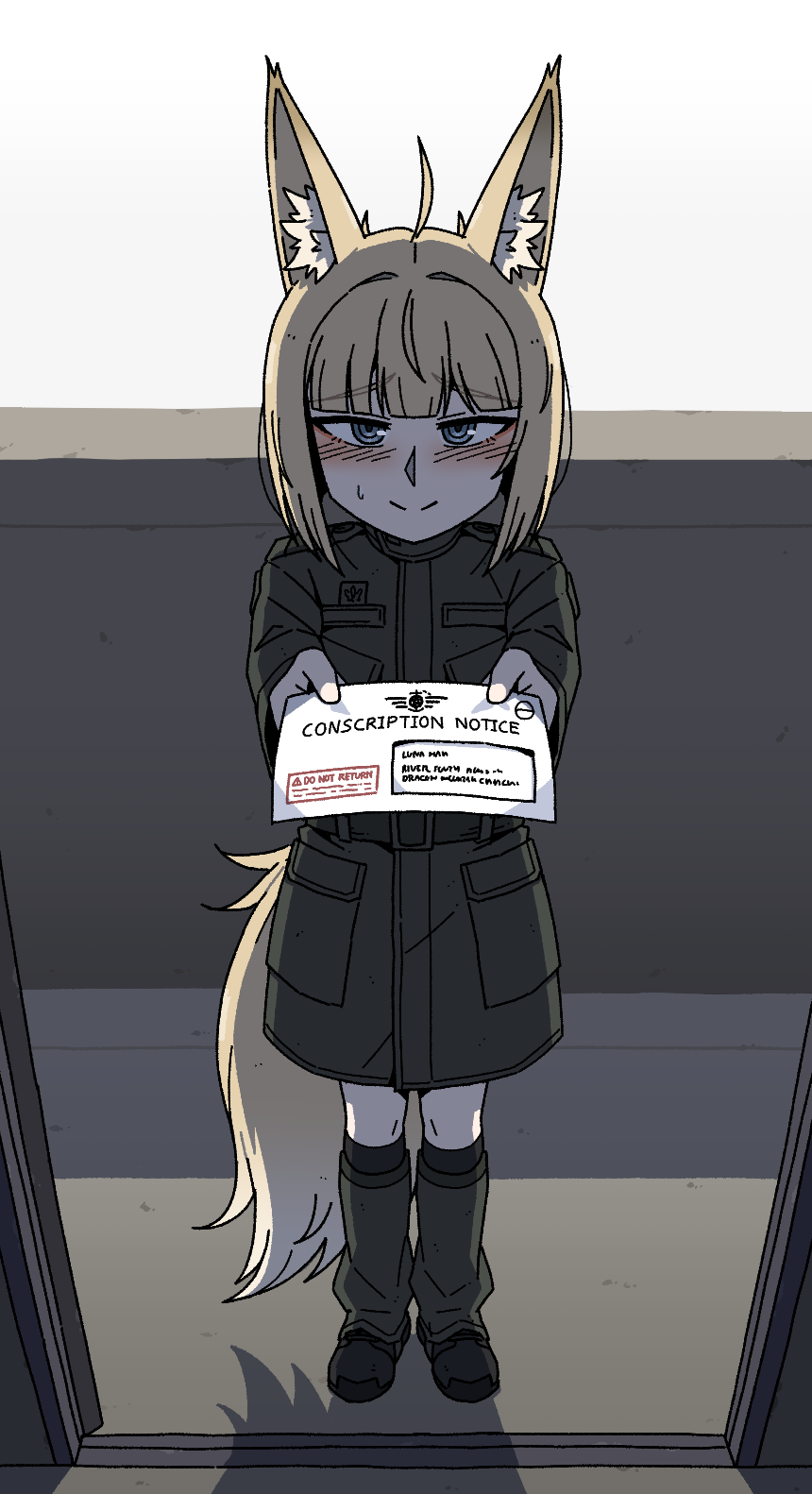 karepack, original, commission, commissioner upload, highres, non-web source, ahoge, animal ear fluff, animal ears, bare legs, belt, blonde hair, blue eyes, blunt bangs, blush, bob cut, door, doorway, english text, fox ears, fox girl, fox tail, holding, holding letter, kino (senkoin), legs together, letter, light smile, looking at viewer, military uniform, open door, shadow, short hair, simple background, skirt, smile, sweatdrop, tail