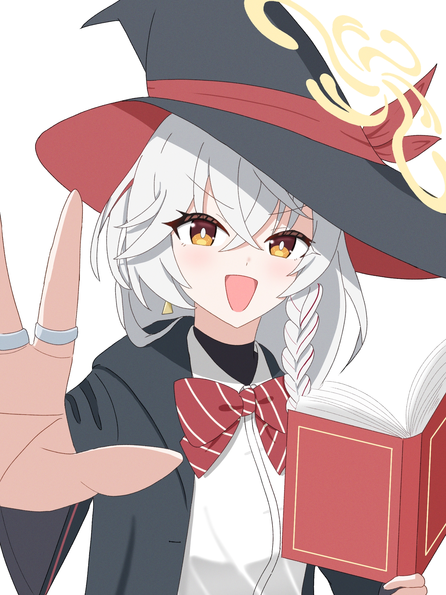 eri (blue archive), blue archive, :d, book, bow, bowtie, braid, halo, hat, jacket, long coat, long hair, open mouth, panties, shirt, skirt, smile, sweater, underwear, white hair, witch hat
