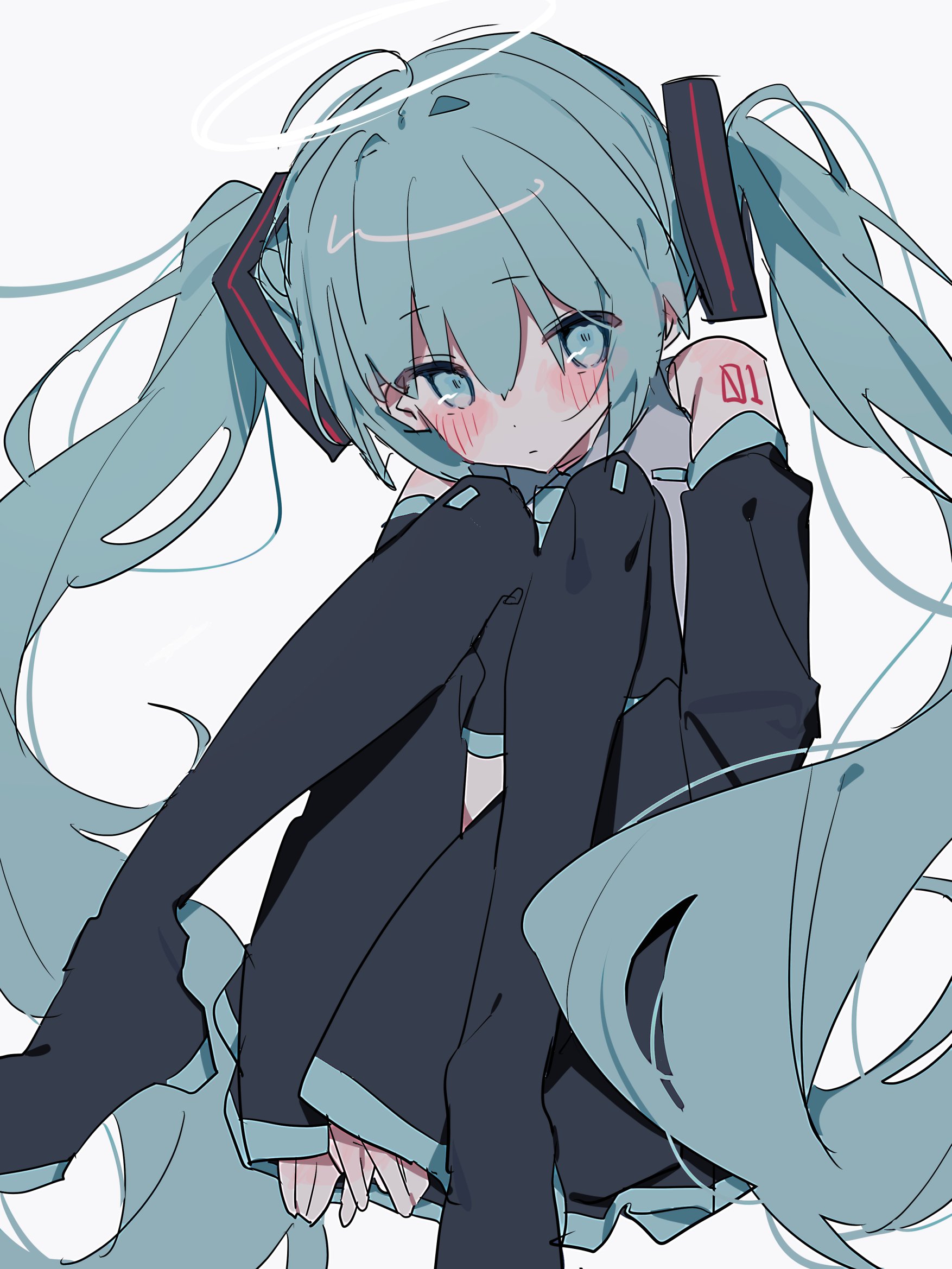 ameno (motiizamurai), hatsune miku, vocaloid, commentary, highres, 1girl, arm tattoo, black boots, black skirt, black sleeves, blue eyes, blue hair, blush, boots, closed mouth, detached sleeves, grey shirt, hair between eyes, hair ornament, halo, hugging own legs, long hair, long sleeves, looking at viewer, pleated skirt, shirt, simple background, skirt, sleeveless, sleeveless shirt, sleeves past wrists, solo, tattoo, thigh boots, thighhighs, twintails, very long hair, white background