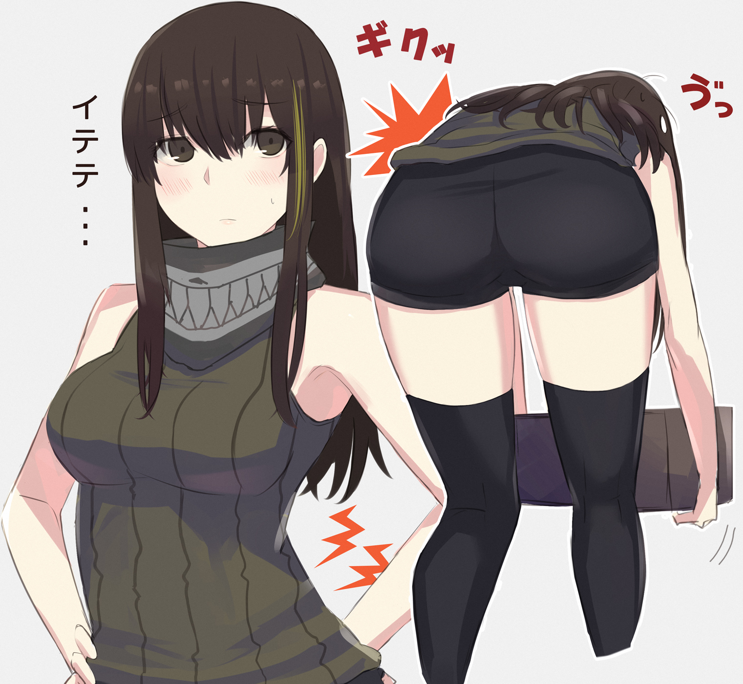 asakiri koko, m4a1 (girls' frontline), girls' frontline, commentary request, highres, translation request, 1girl, ass, bandana, bandana around neck, black shorts, black thighhighs, blush, breasts, brown eyes, brown hair, green hair, green sweater, grey background, hair between eyes, long hair, long sidelocks, looking at viewer, medium breasts, multicolored hair, multiple views, outline, pout, short shorts, shorts, sidelocks, simple background, skull print, sleeveless, sleeveless sweater, streaked hair, sweat, sweater, thighhighs, white outline