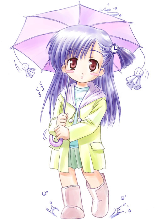 kishi nisen, blush, boots, child, jacket, long hair, pink eyes, purple hair, rain, raincoat, skirt, solo, splashing, teruterubouzu, umbrella, water